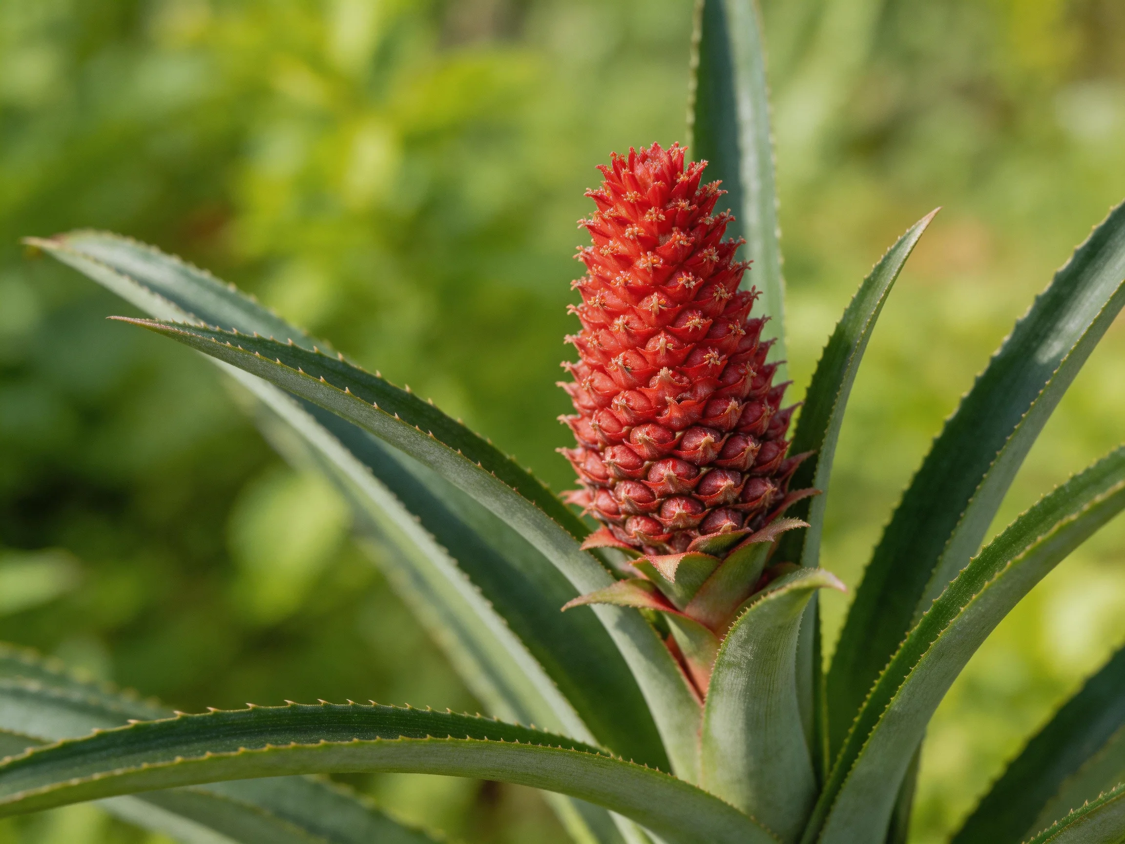 A bright red cone - shaped flower among spiky green leaves