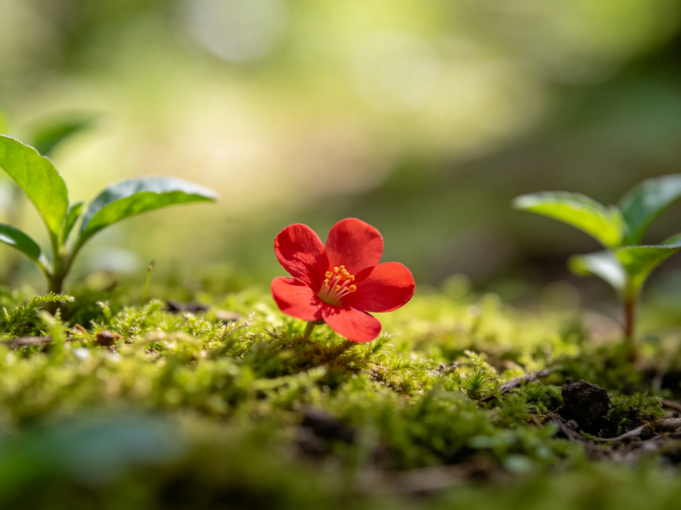 A bright red flower rests amid soft green moss and small seedlings