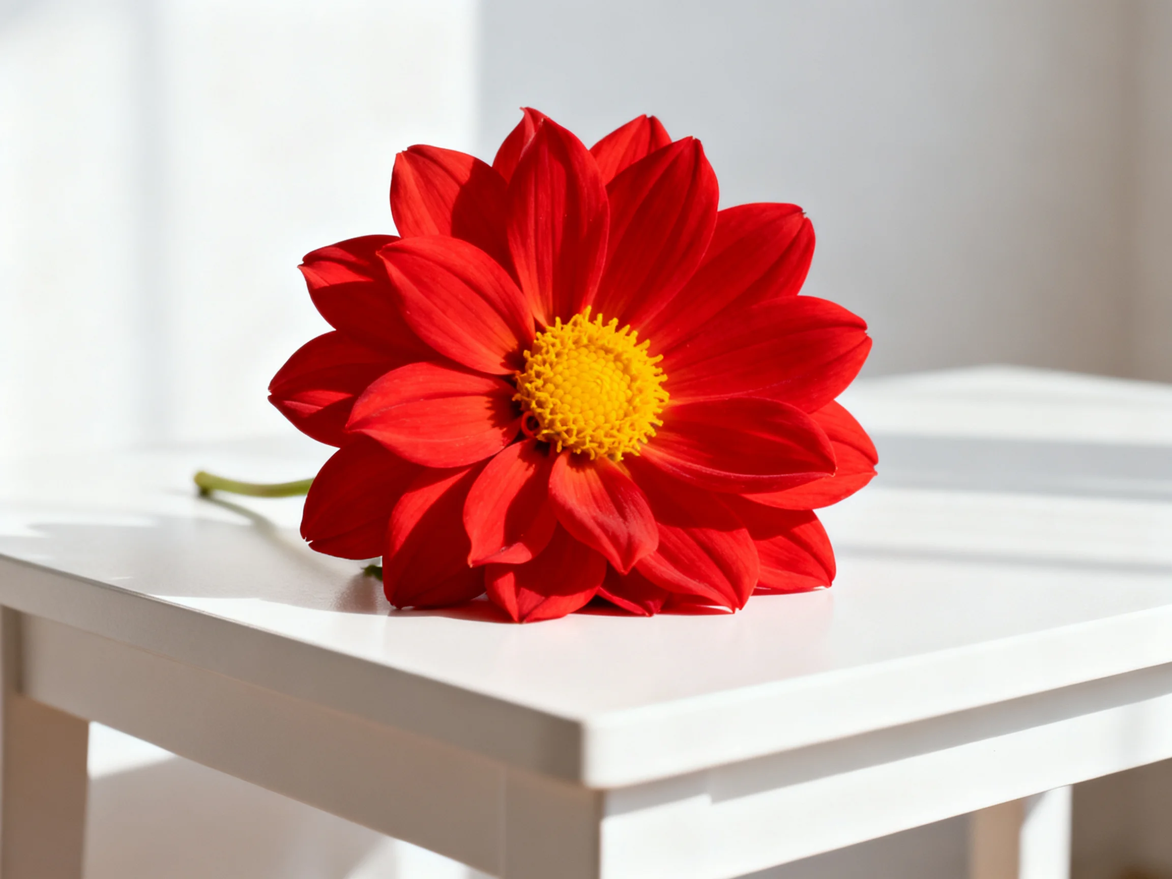 A bright red flower with a yellow center rests on a white table