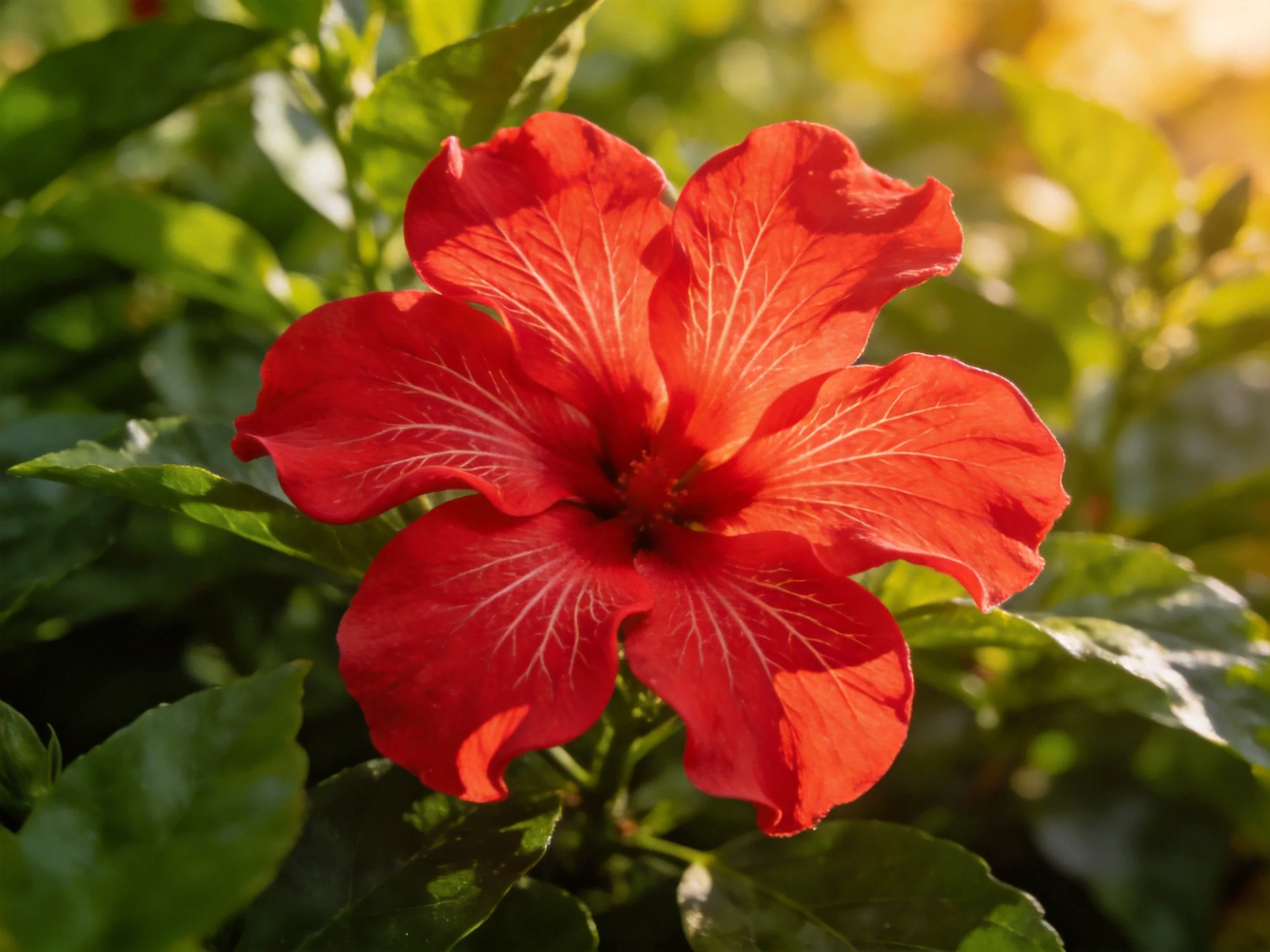 A bright red hibiscus flower with veined petals amid lush green foliage