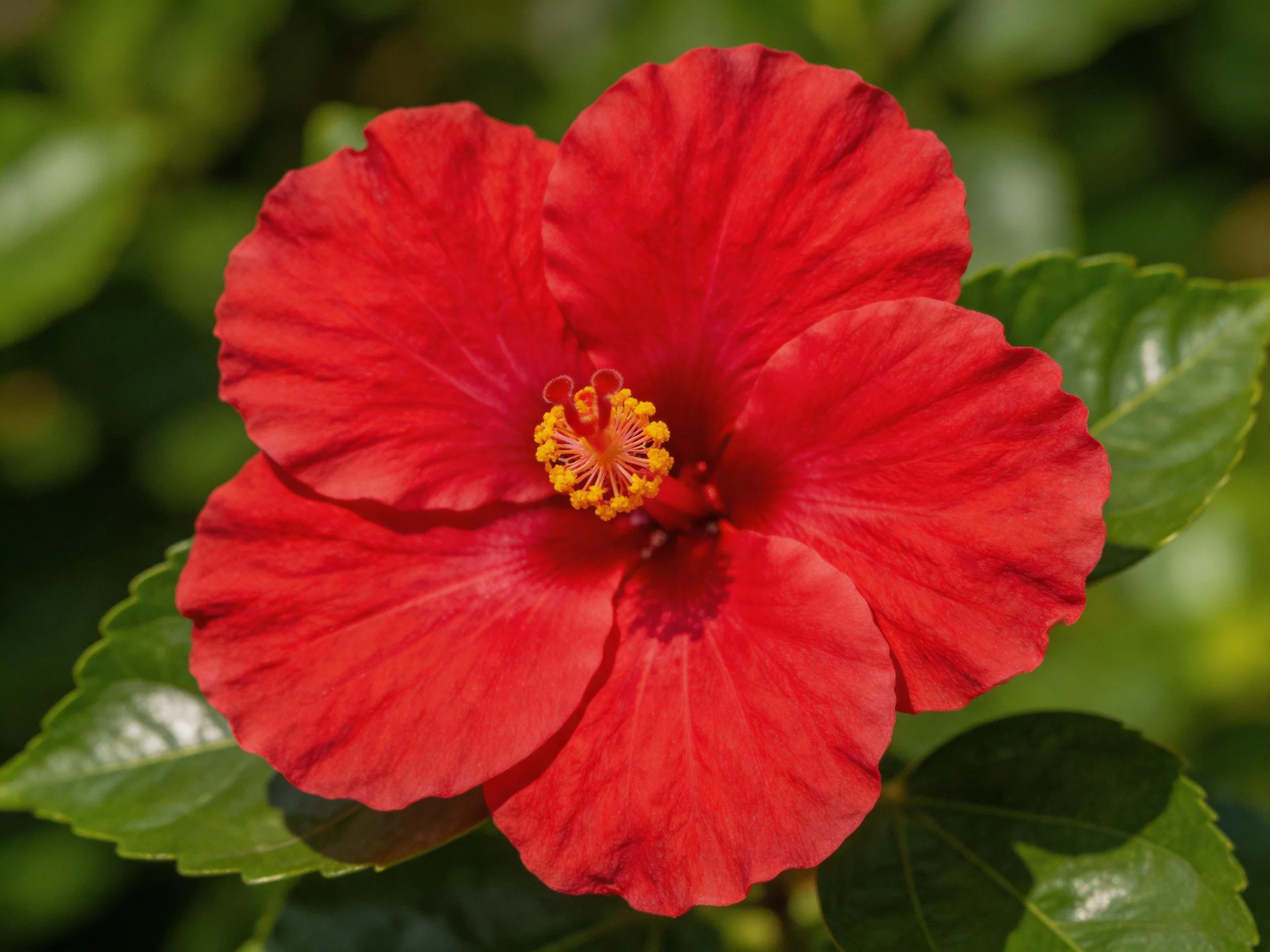 A bright red hibiscus flower with yellow center