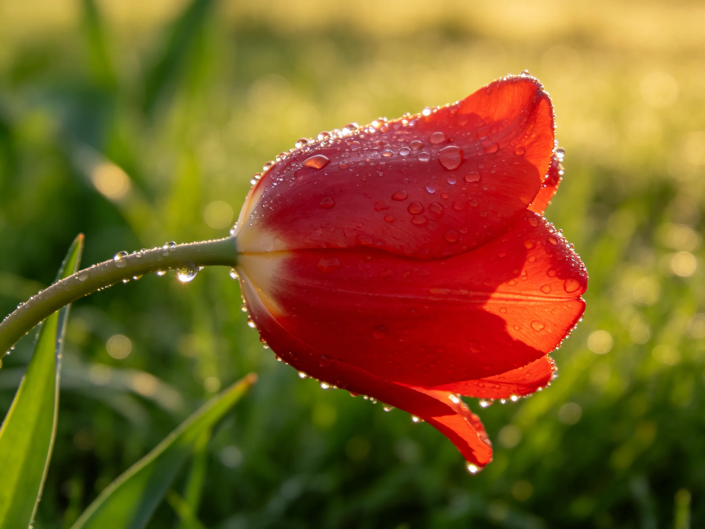 A bright red tulip covered in glistening dewdrops in a sunlit meadow