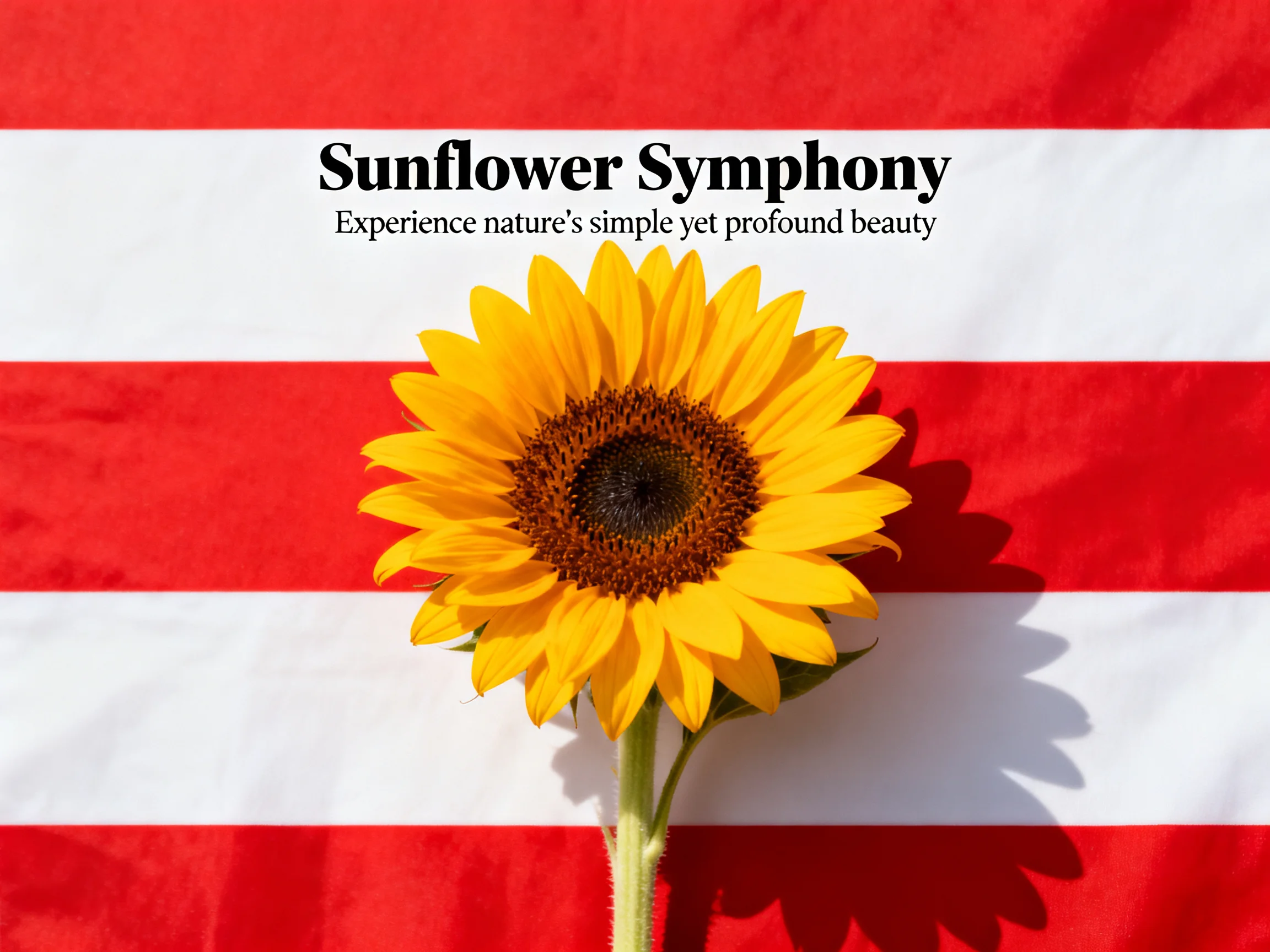 A bright sunflower centered on red and white striped fabric