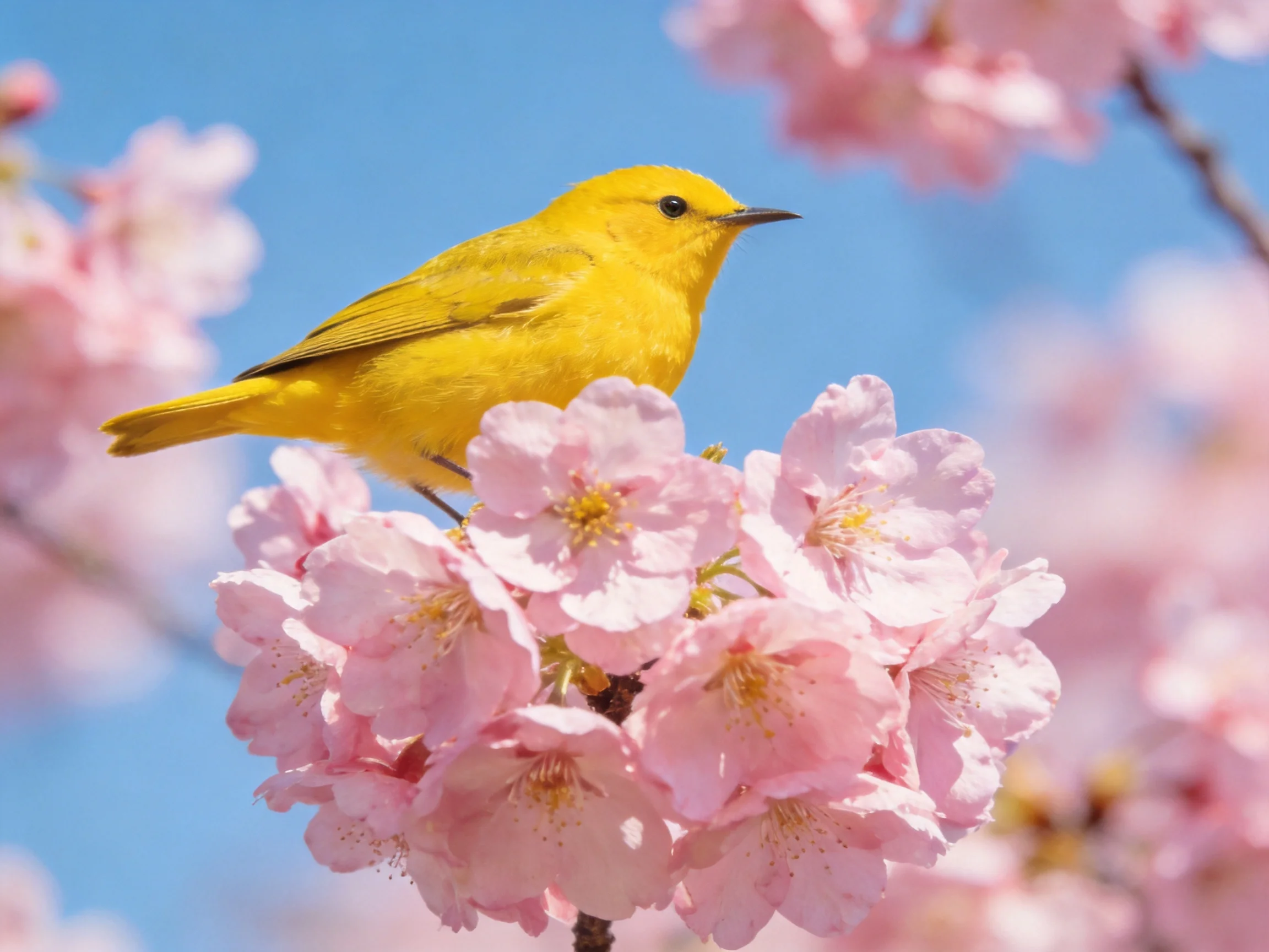 A bright yellow bird perched on vibrant pink cherry blossoms against a clear blue sky