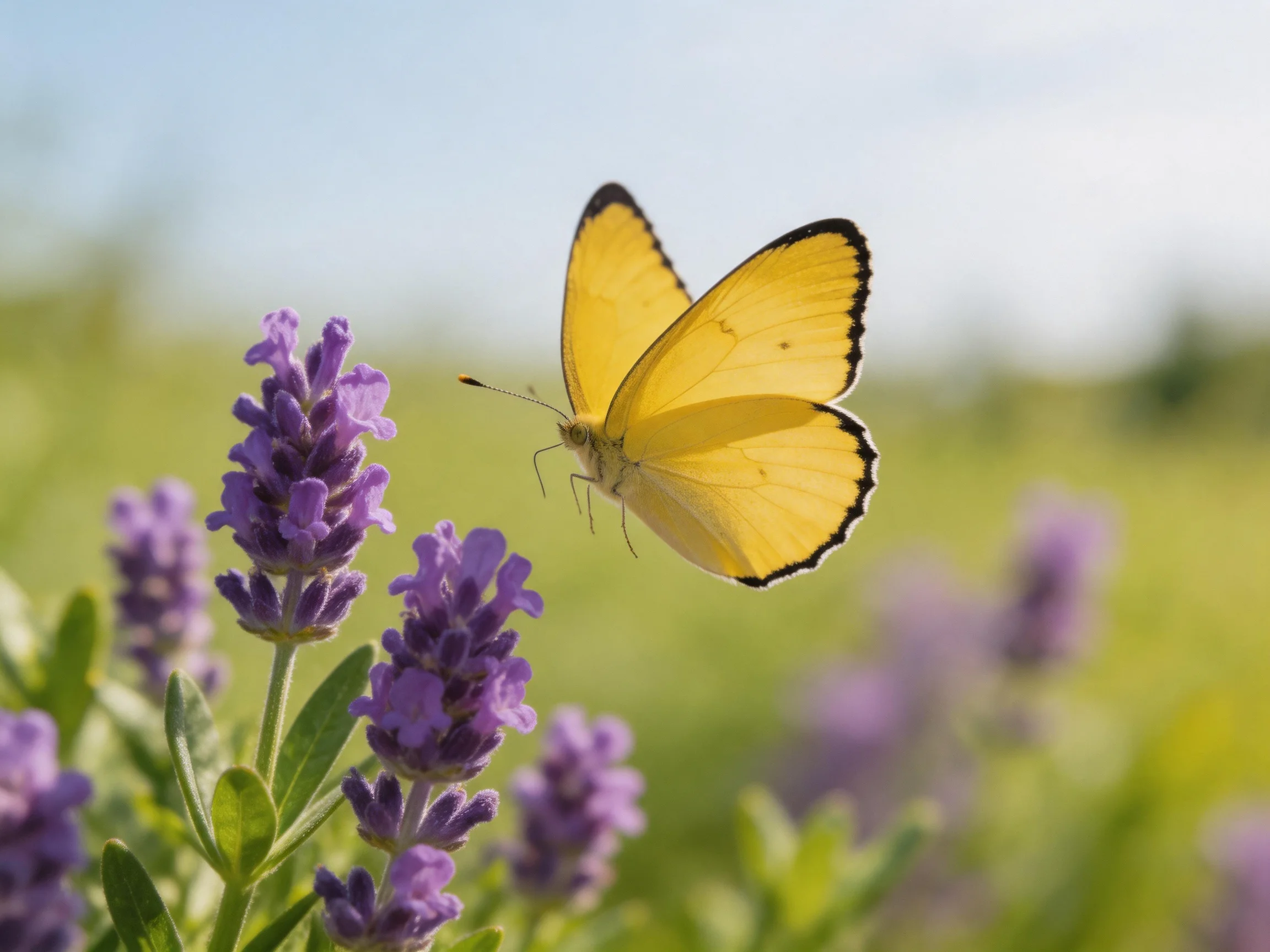 A bright yellow butterfly hovers near vibrant purple lavender blooms