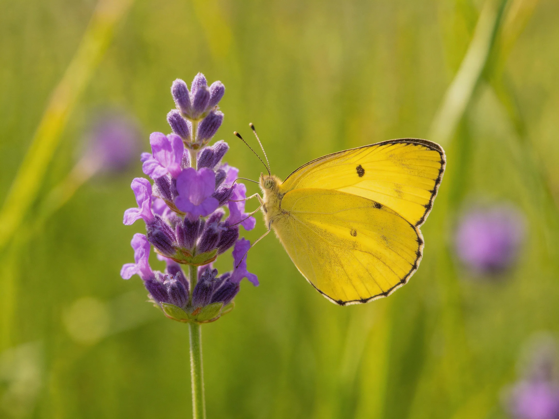 A bright yellow butterfly perched on vibrant purple lavender blooms