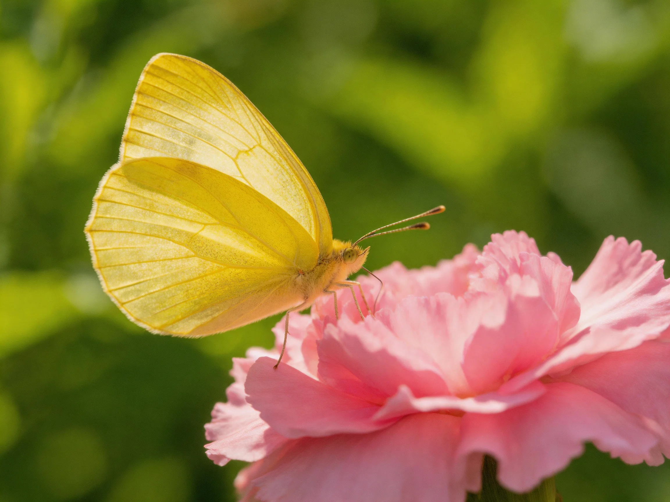 A bright yellow butterfly perches on a vibrant pink flower