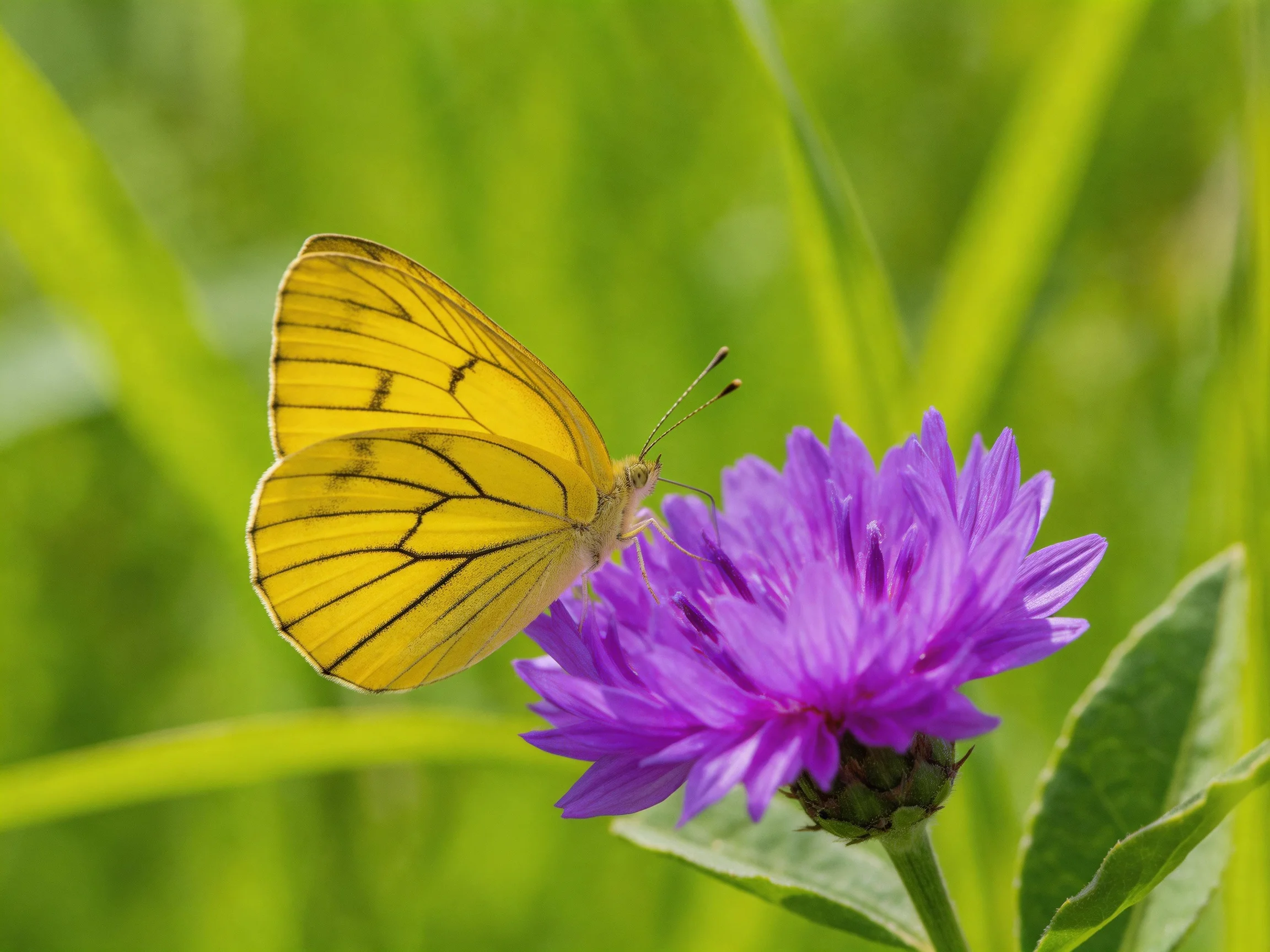 A bright yellow butterfly perches on a vibrant purple flower