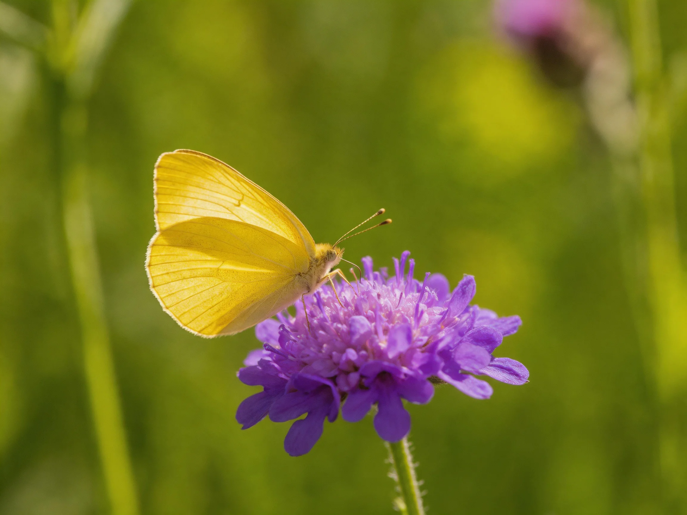 A bright yellow butterfly perches on a vivid purple flower