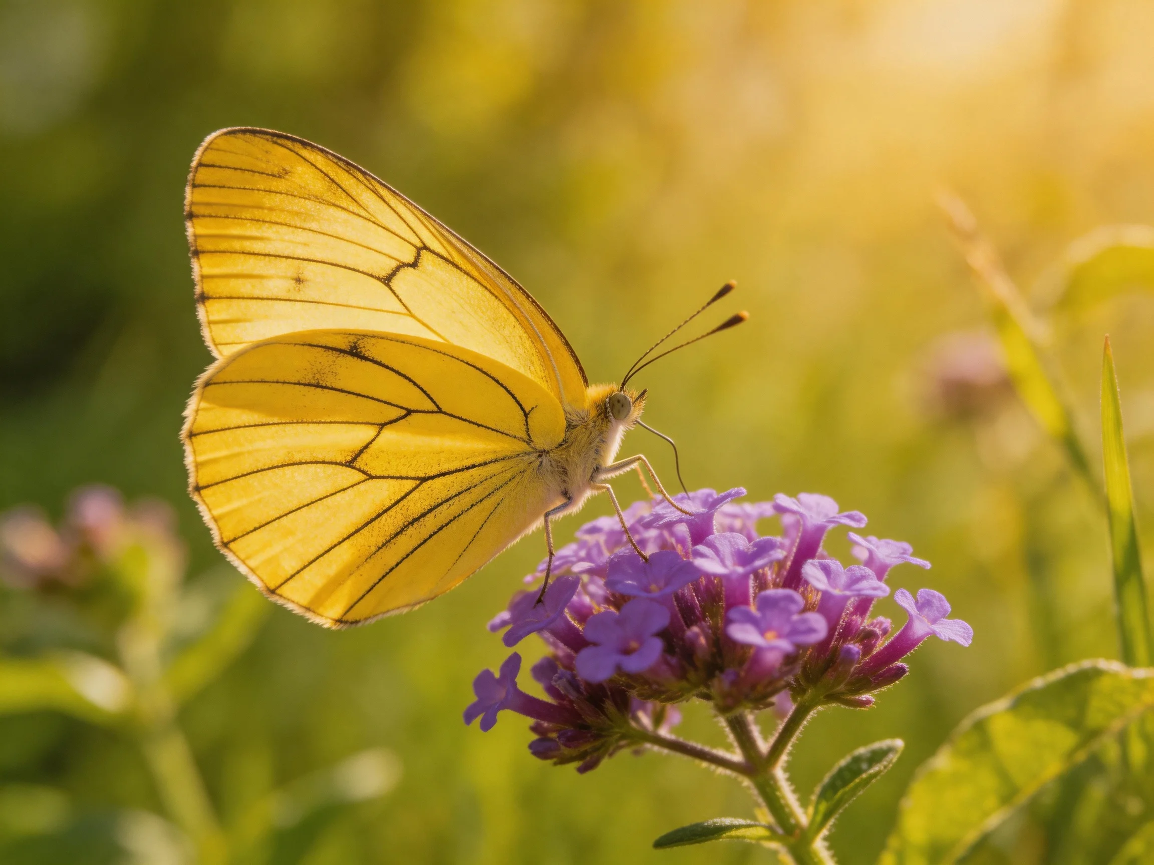 A bright yellow butterfly rests on vibrant purple blooms in a sunlit meadow
