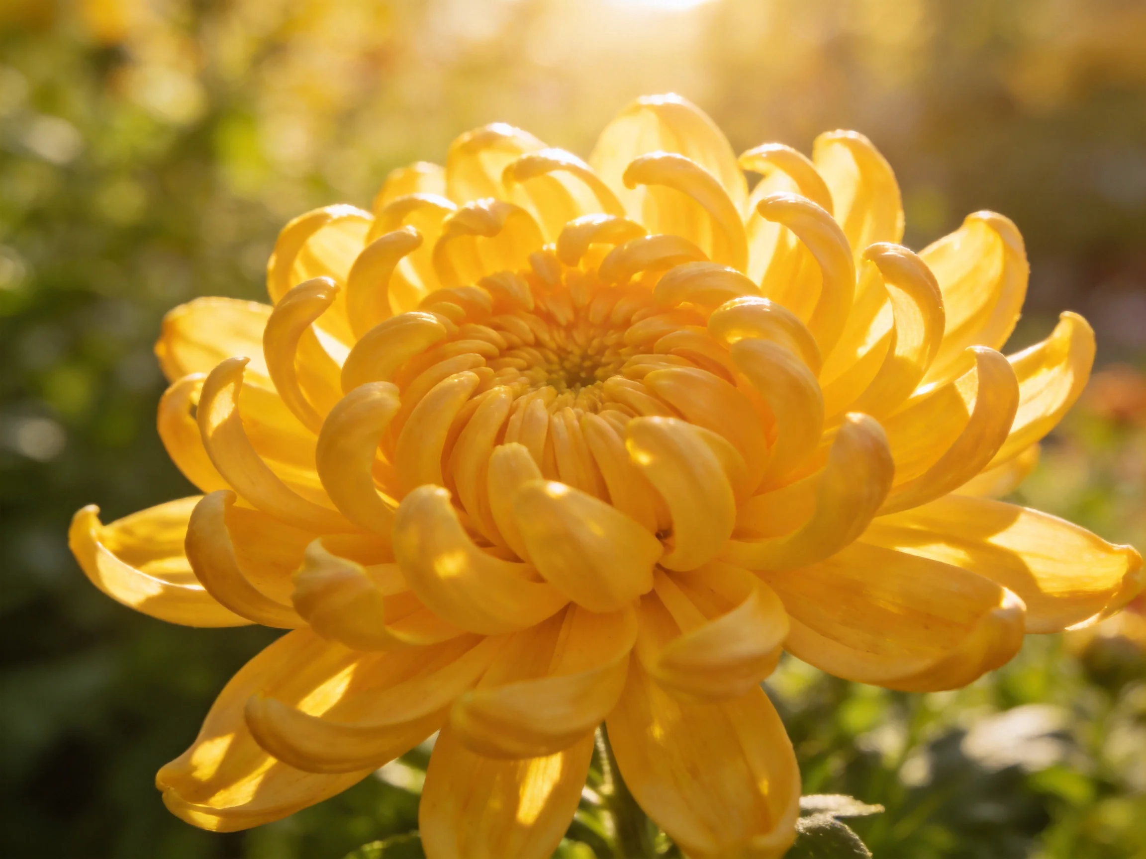 A bright yellow chrysanthemum glows in golden sunlight