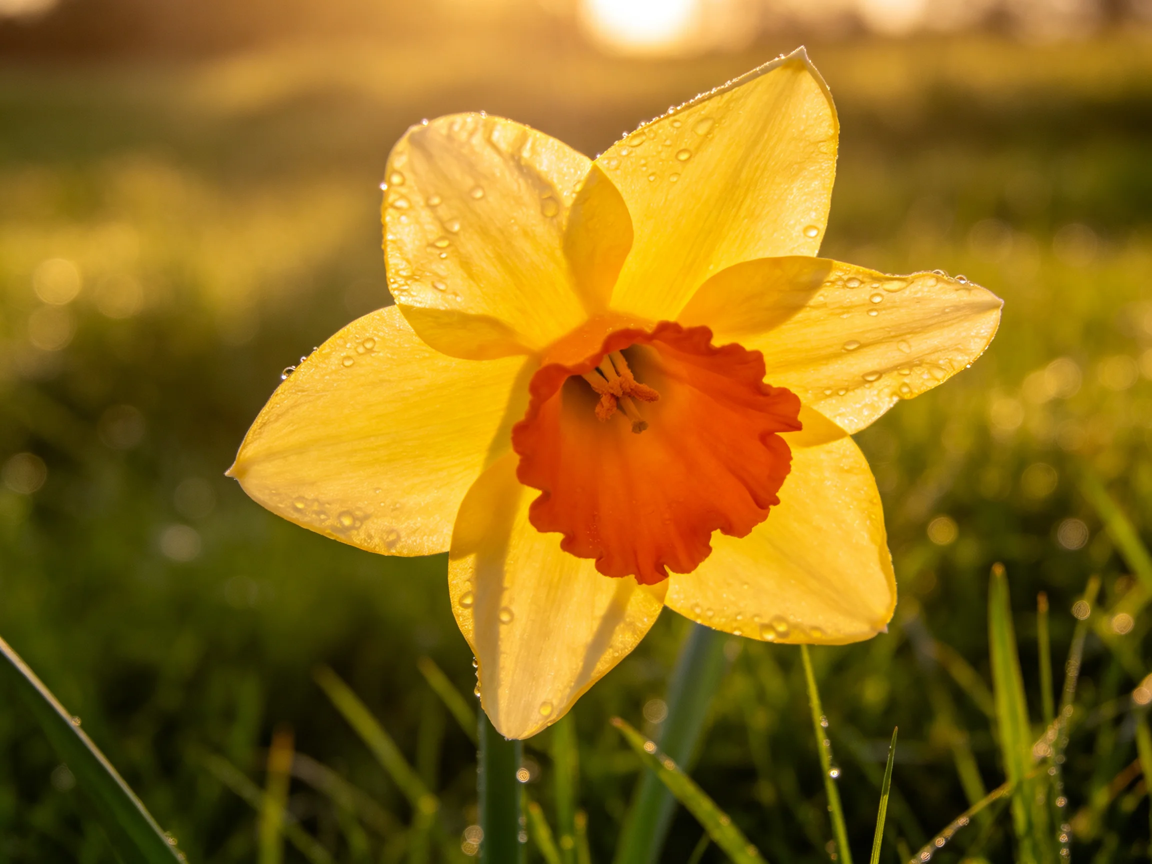 A bright yellow daffodil with orange trumpet blooms amid dewy green grass