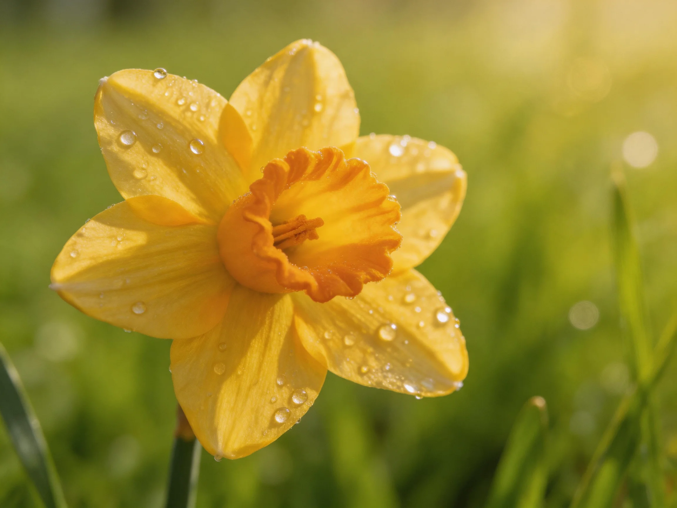 A bright yellow daffodil with water droplets in a green setting