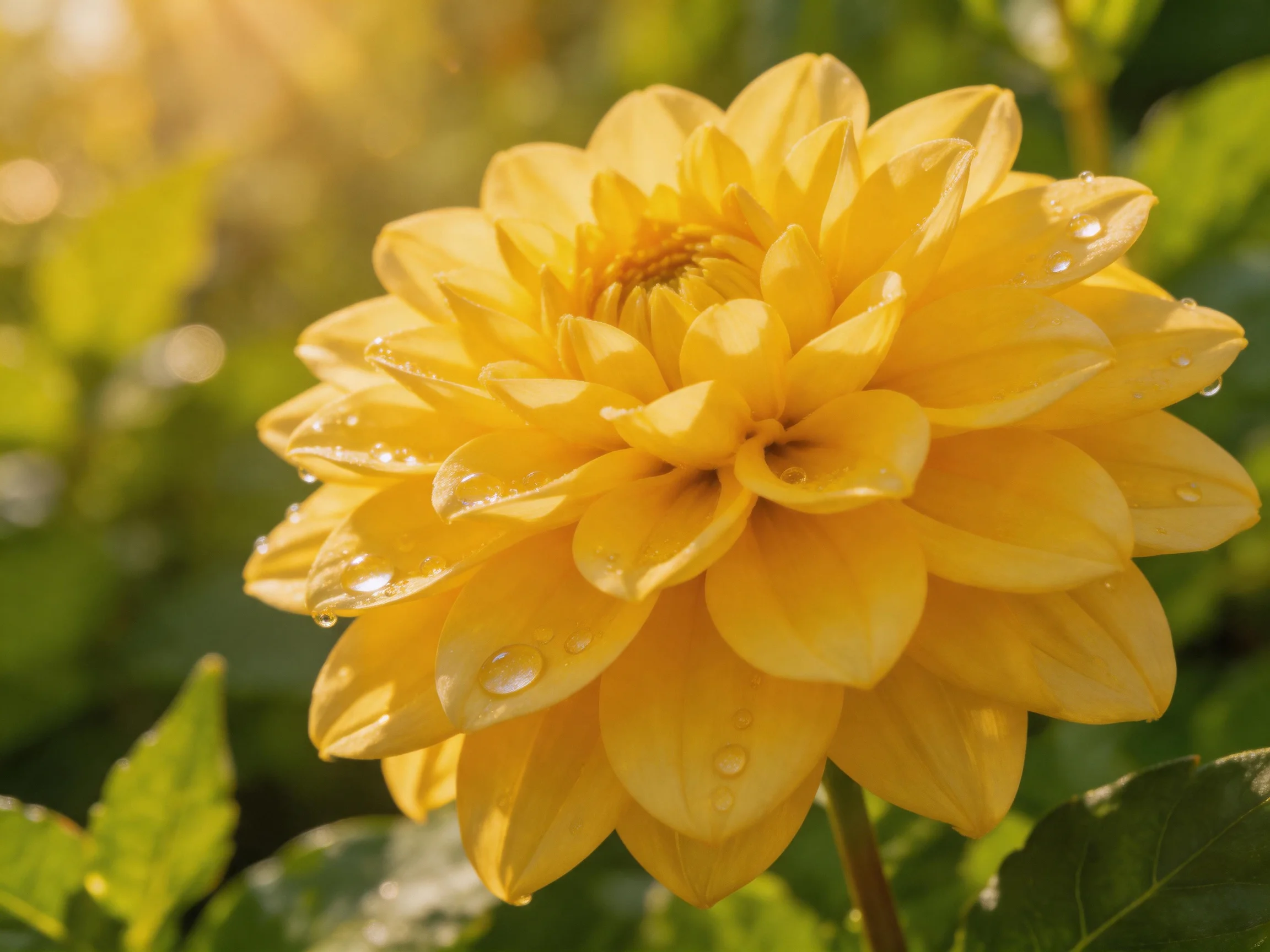 A bright yellow dahlia with glistening water droplets