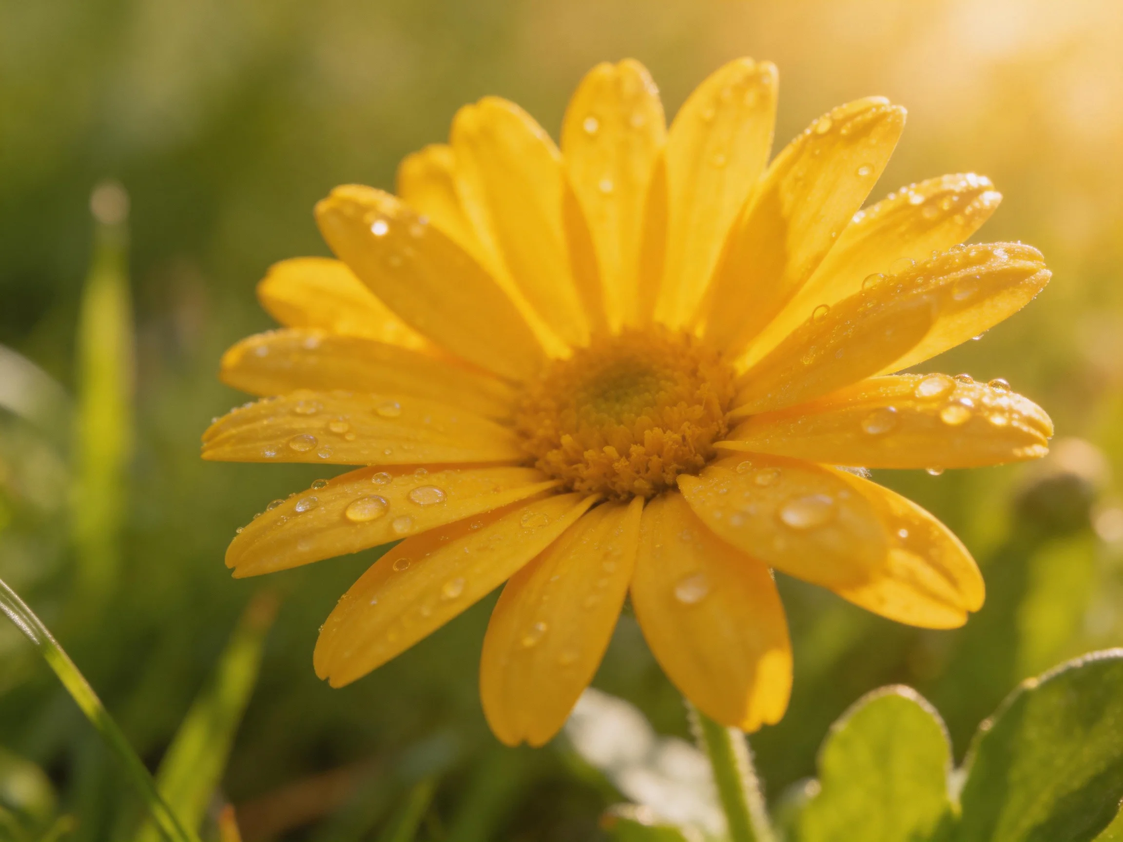 A bright yellow daisy with dewdrops in a sunlit meadow
