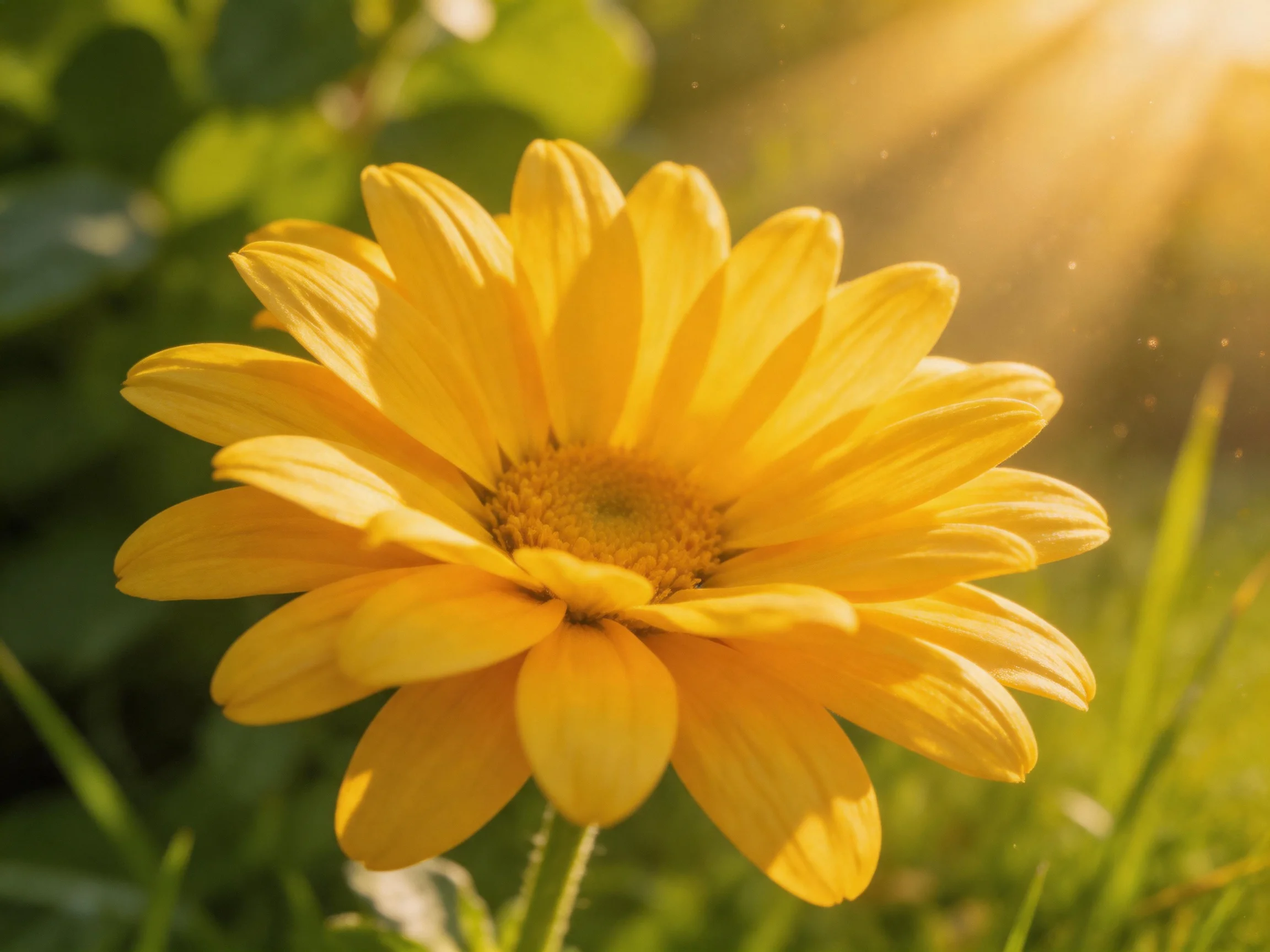 A bright yellow daisy with layered petals shines in a sunlit meadow