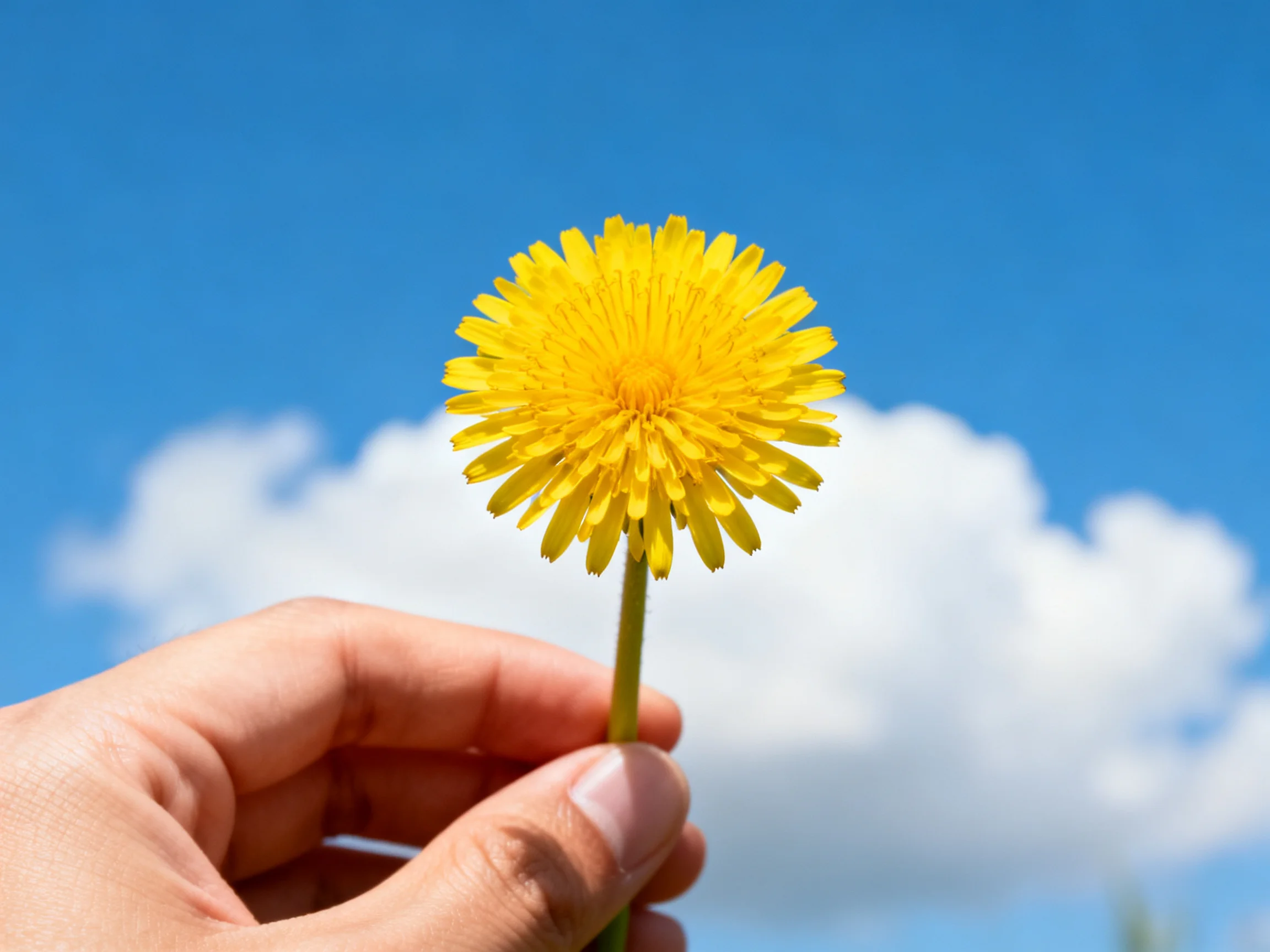 A bright yellow dandelion held by a hand against a clear blue sky