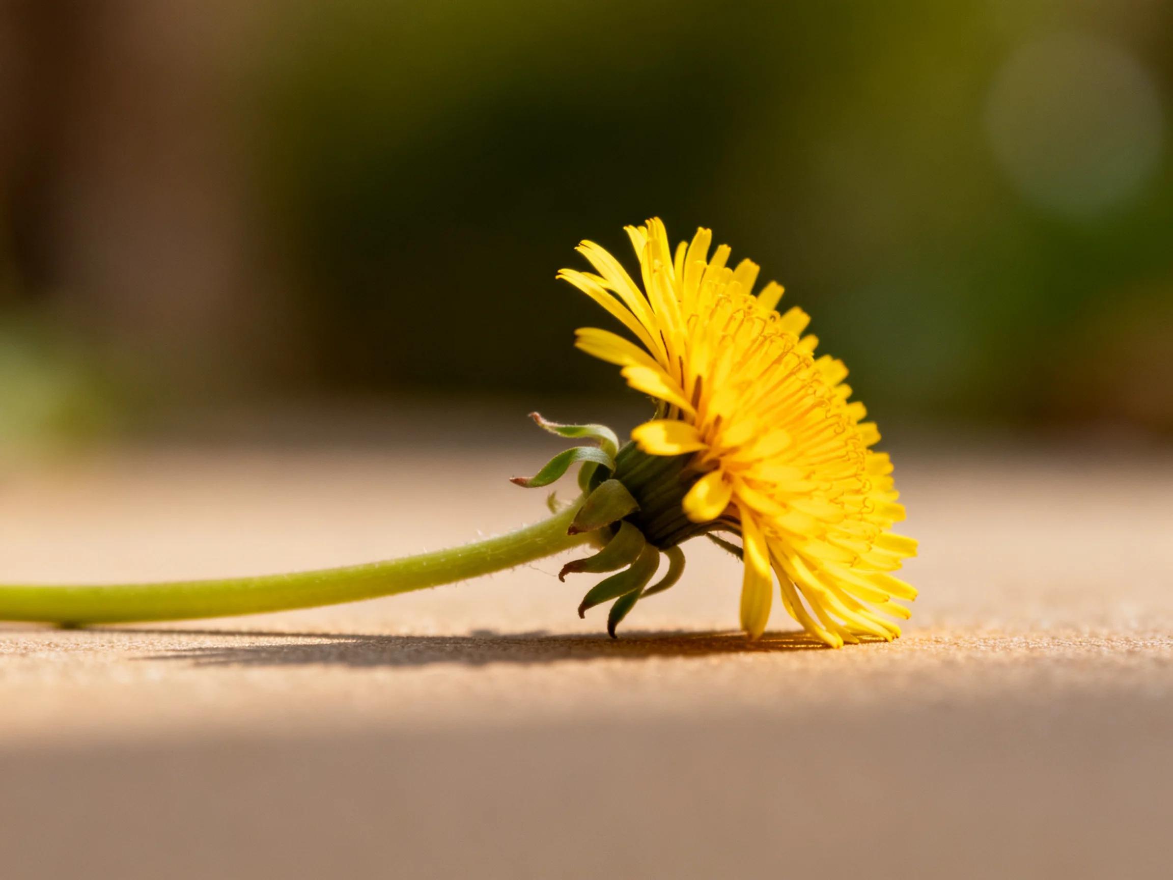 A bright yellow dandelion lies tilted on a smooth surface