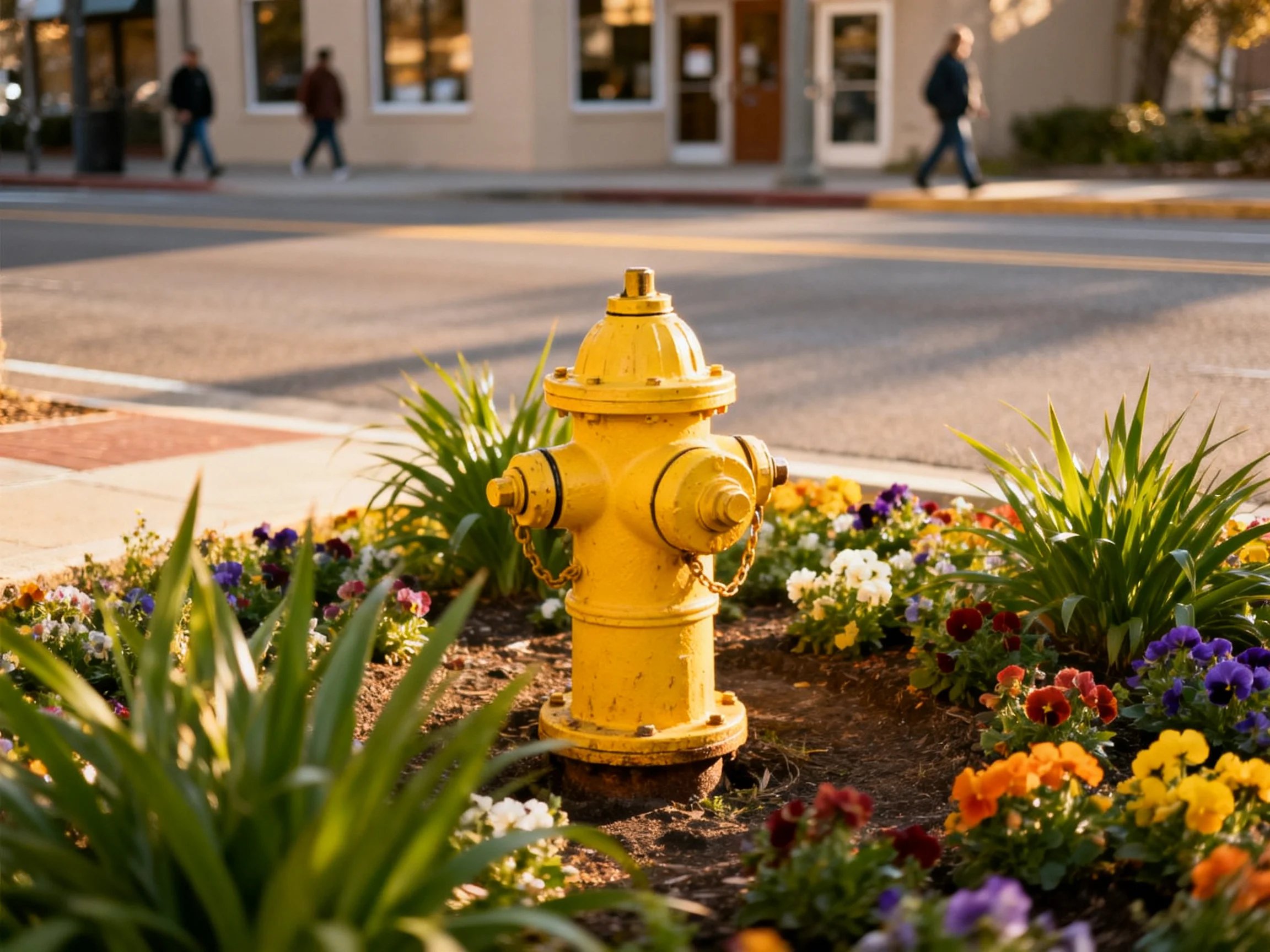 A bright yellow fire hydrant surrounded by colorful flower beds near a city street