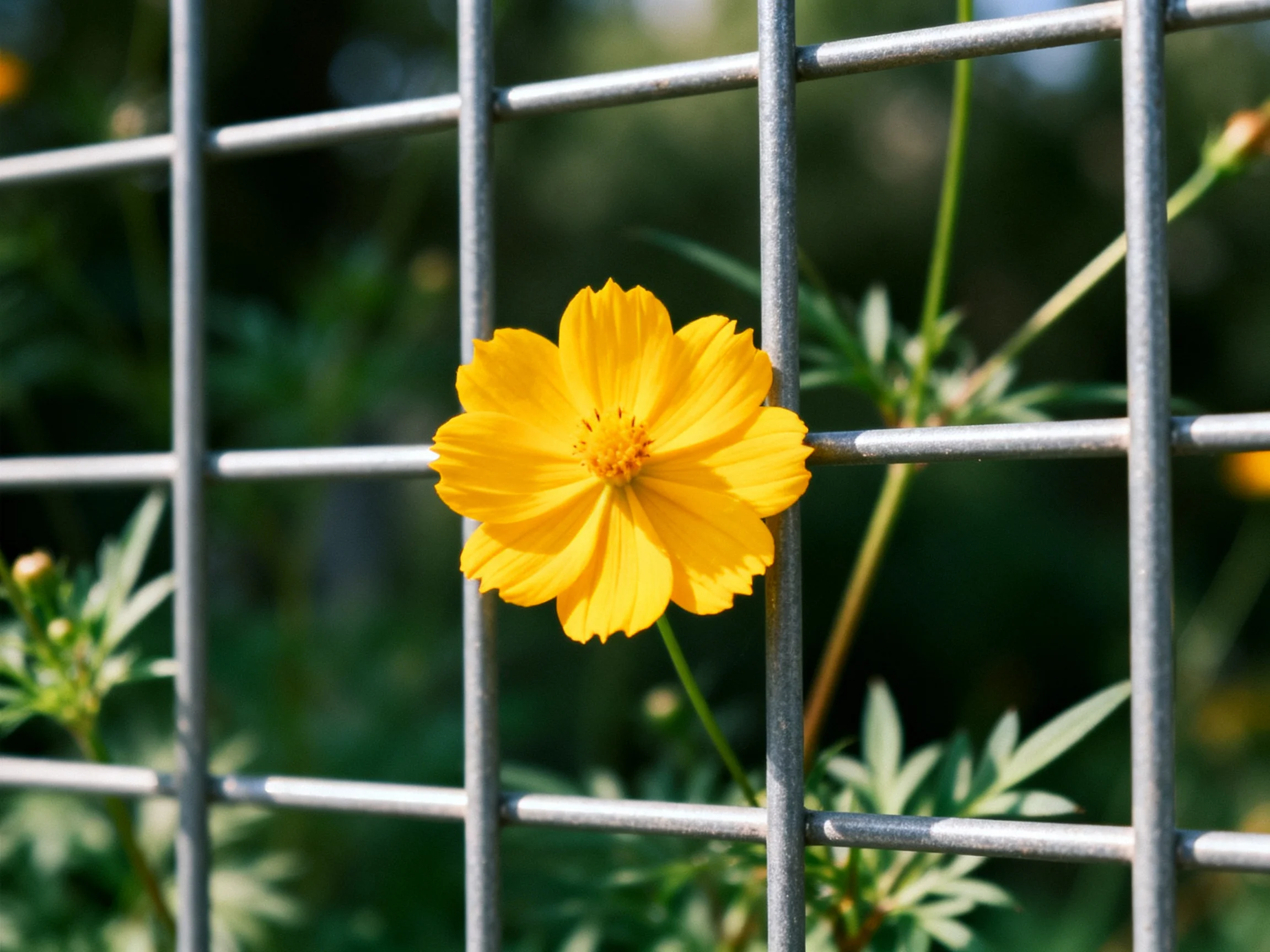 A bright yellow flower behind a metallic grid fence