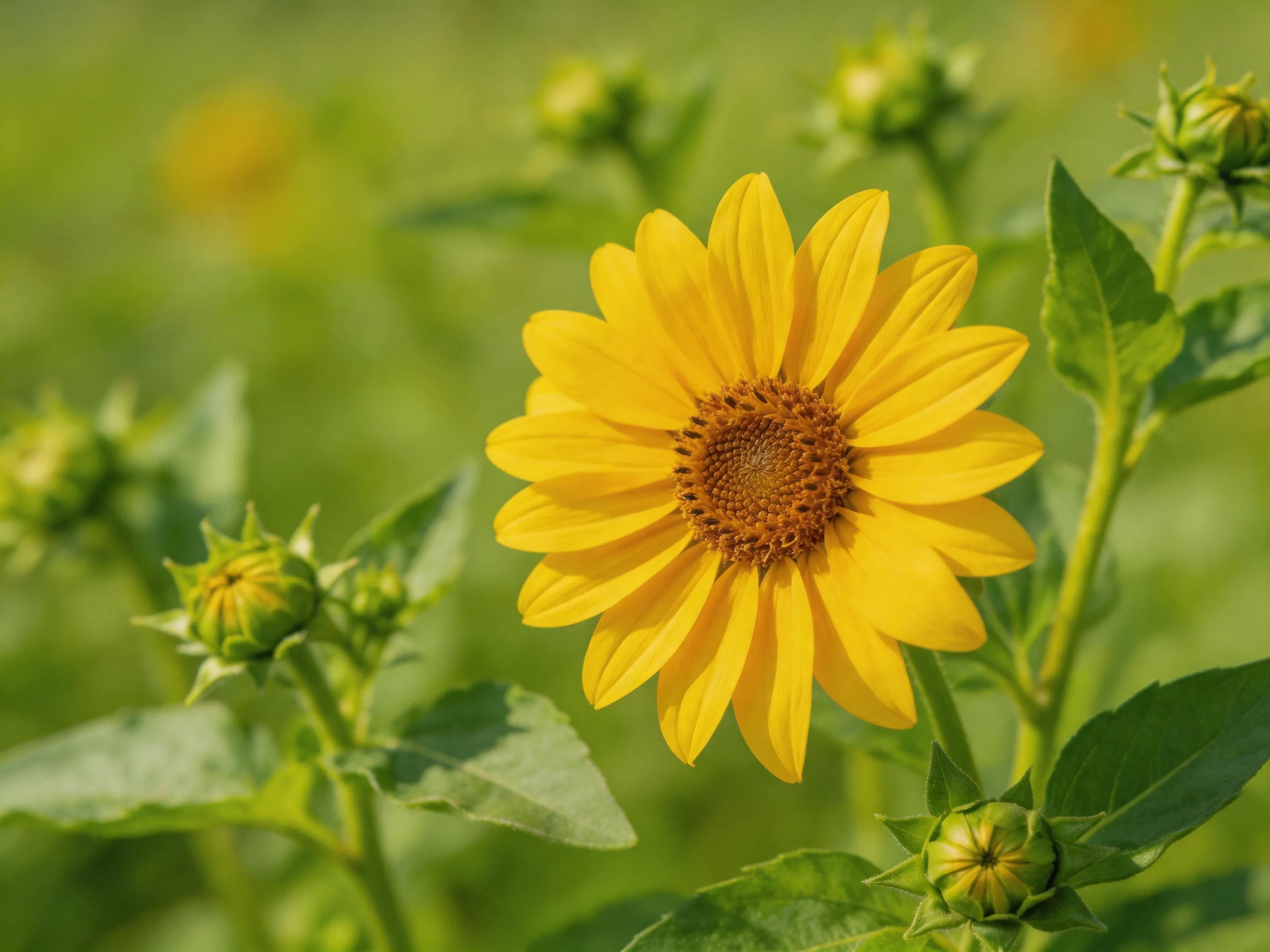 A bright yellow flower blooms amid green buds in a sunlit meadow