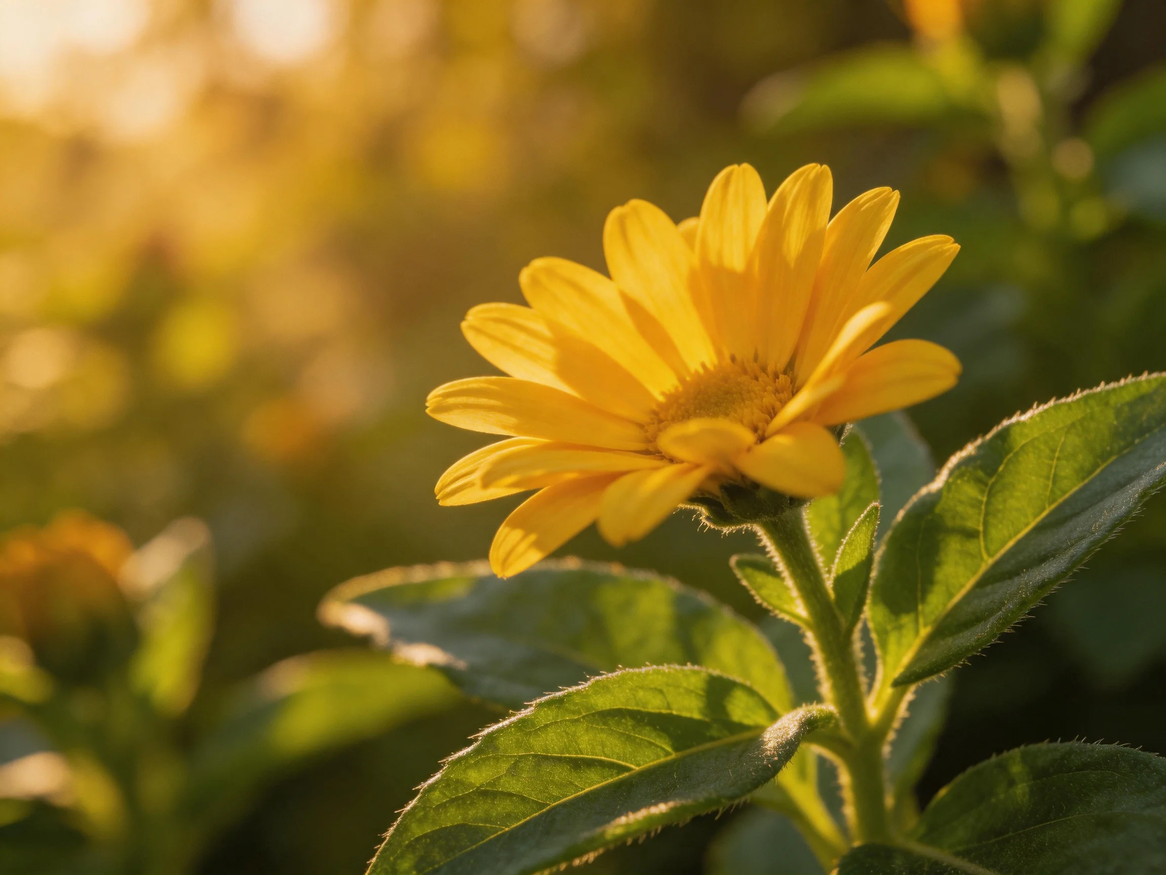 A bright yellow flower blooms amid green foliage under golden sunlight