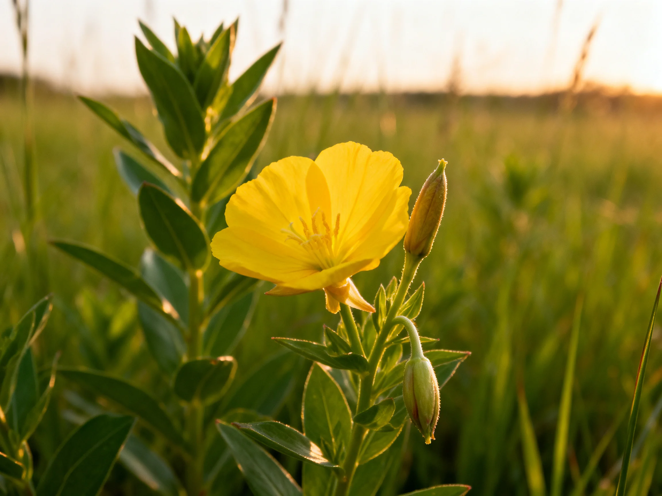 A bright yellow flower blooms among lush greenery in a sunlit meadow