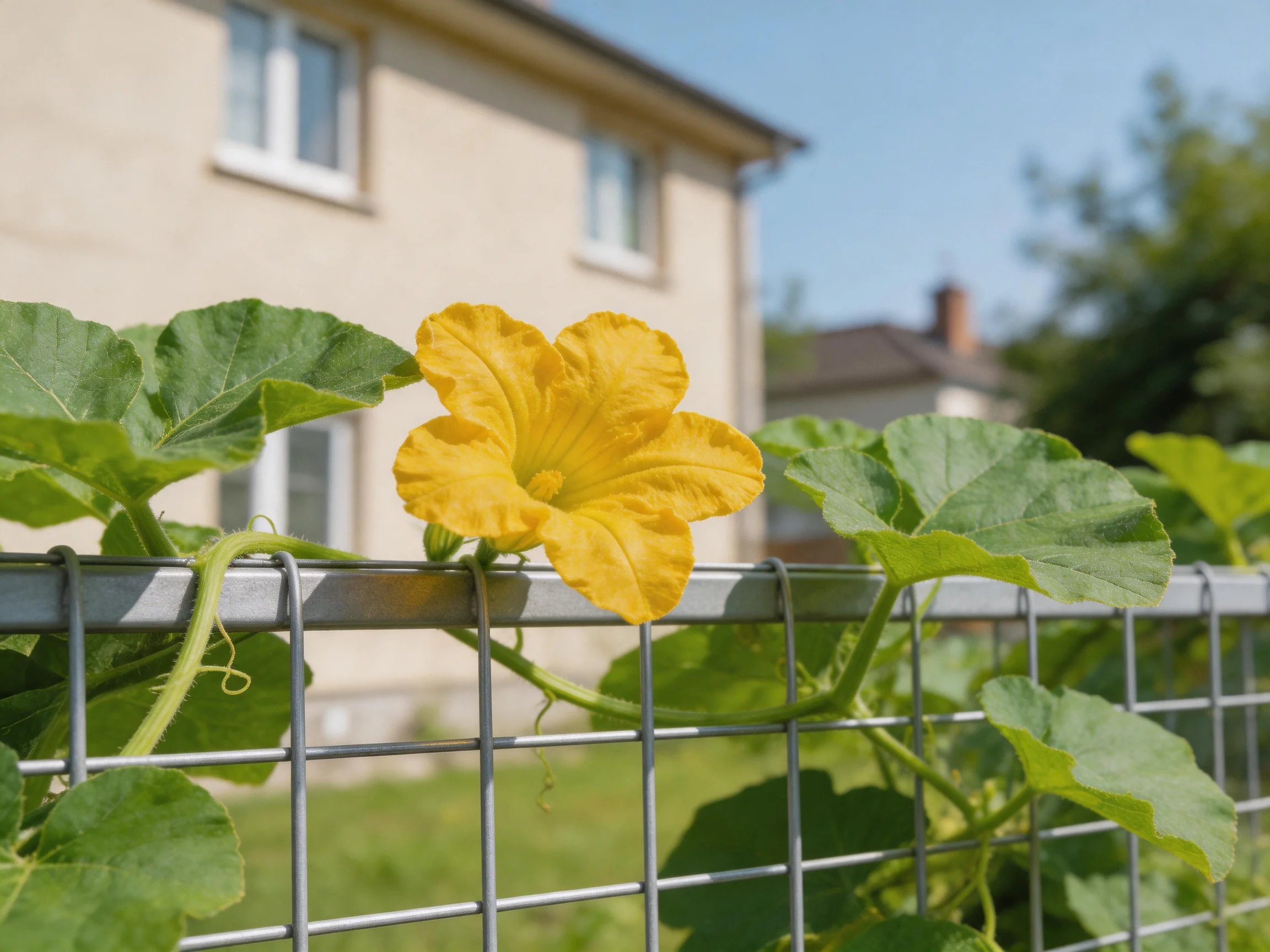 A bright yellow flower blooms by a metal fence with a beige house behind