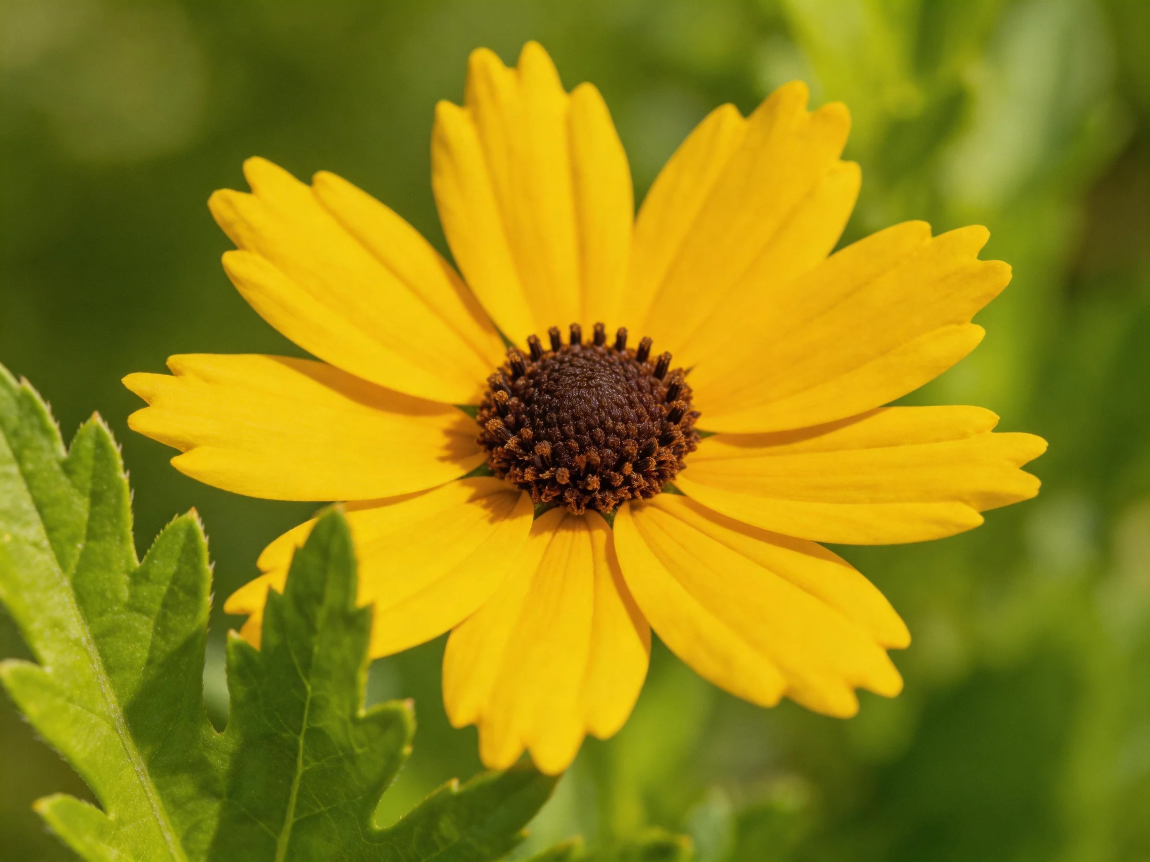 A bright yellow flower with a dark brown center near green foliage