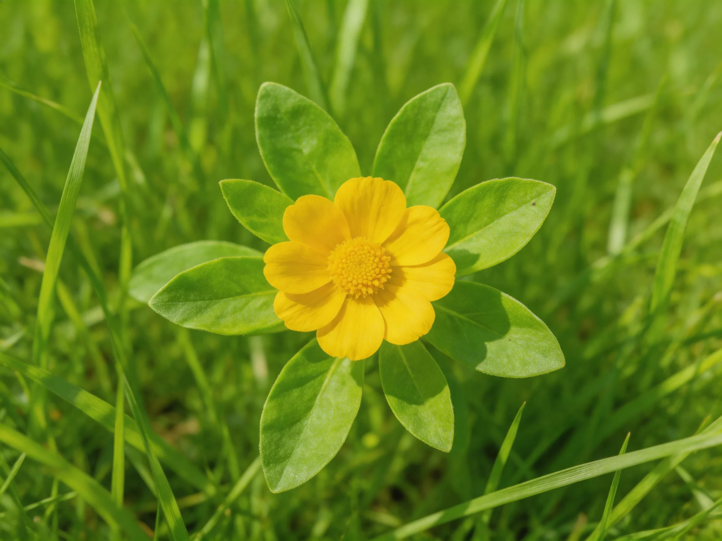 A bright yellow flower with broad green leaves amid tall grass