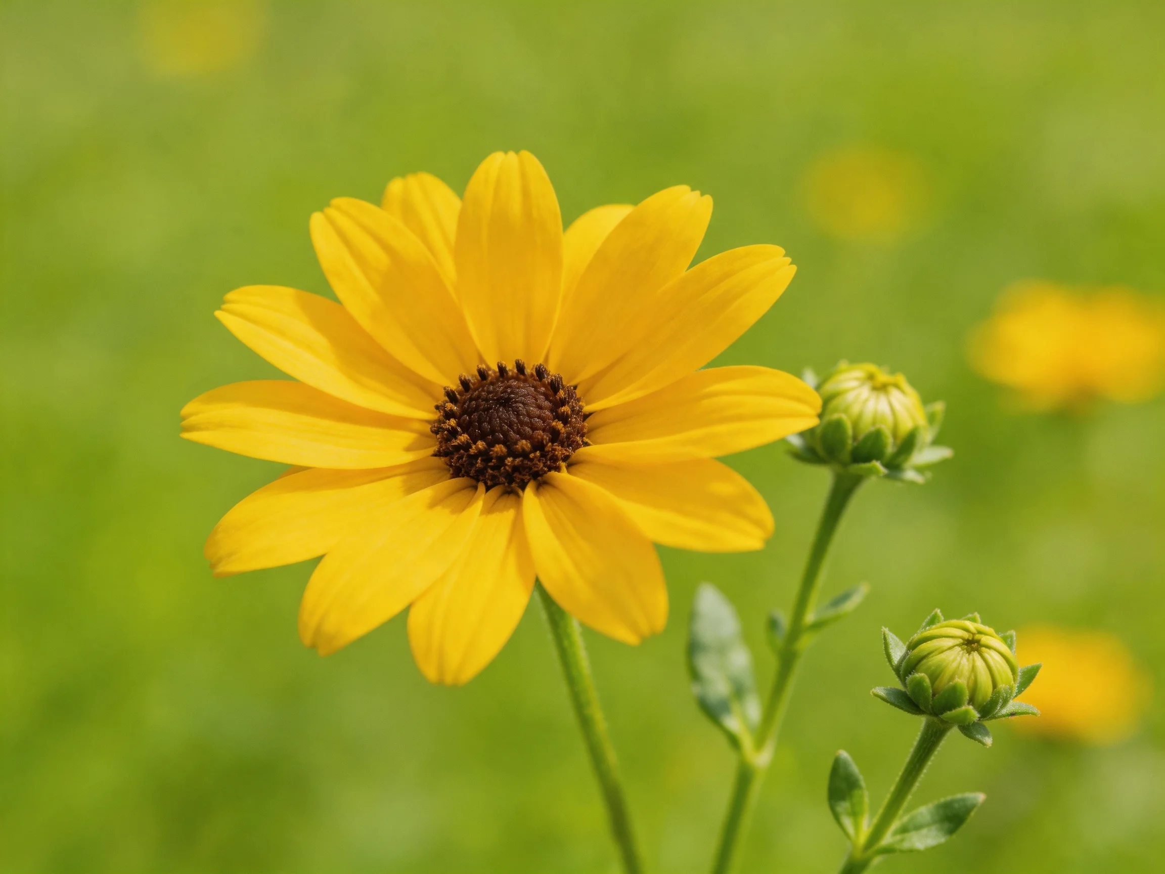 A bright yellow flower with dark center near green buds