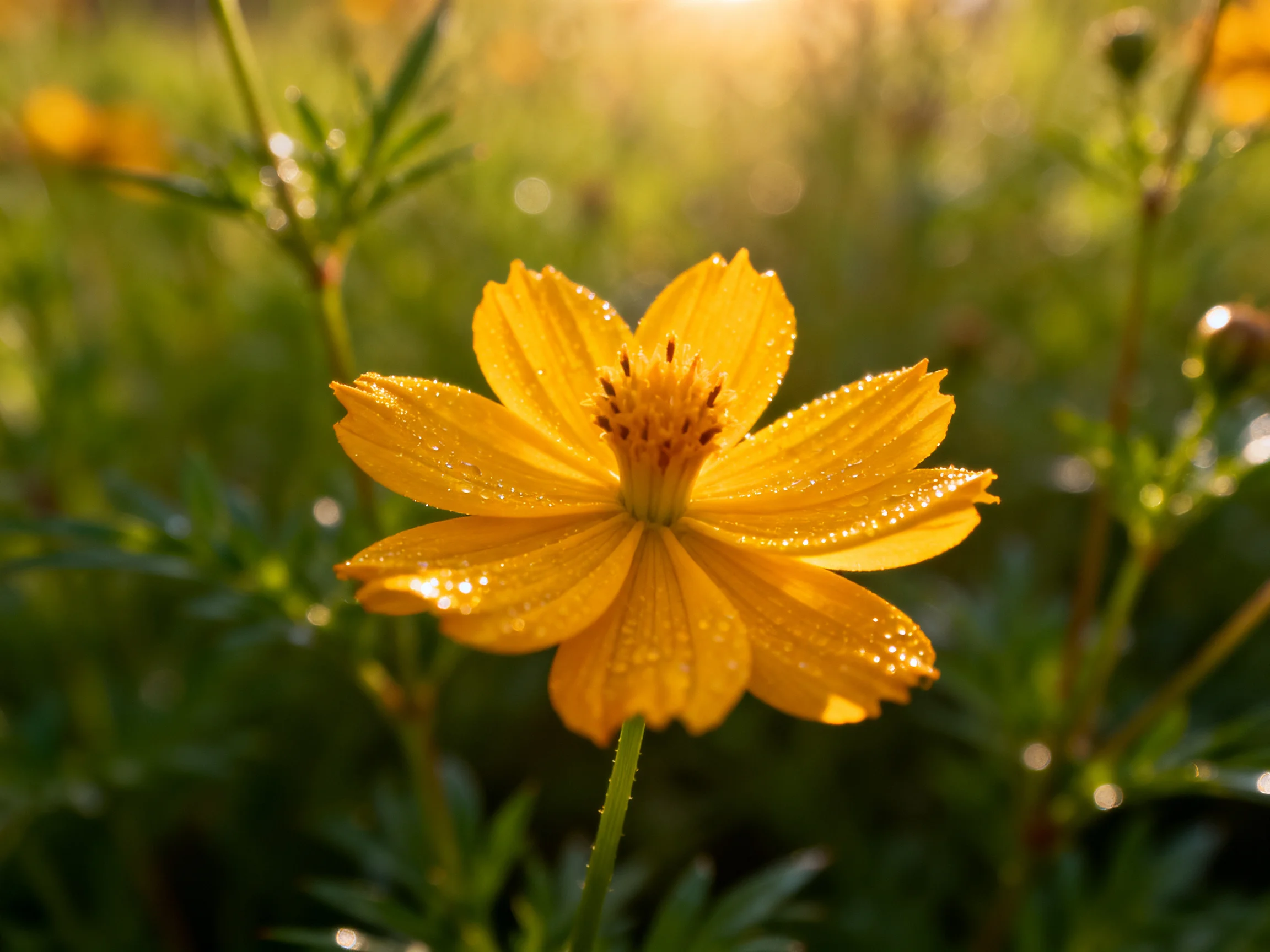 A bright yellow flower with dewdrops amidst green foliage