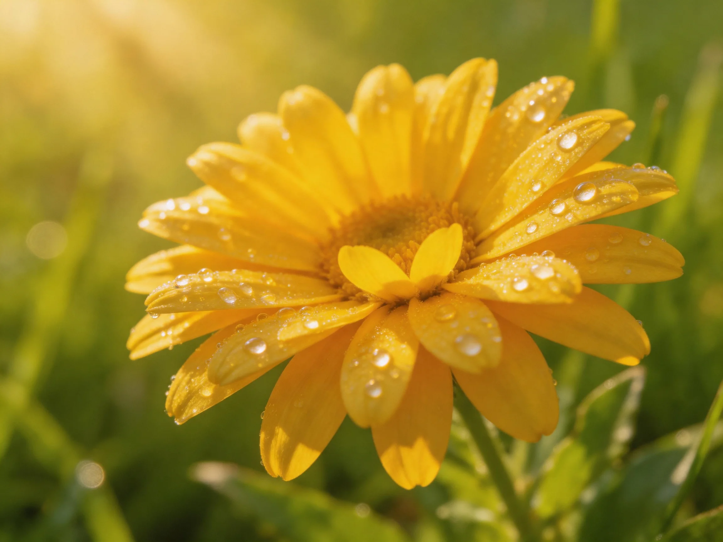 A bright yellow flower with dewdrops in a green meadow