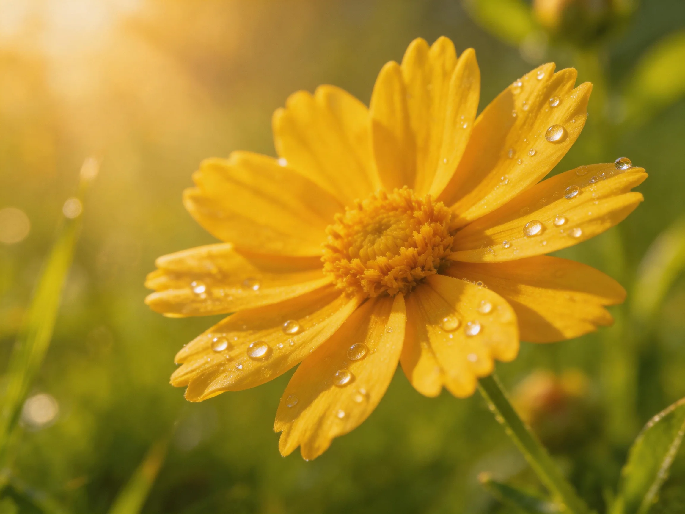 A bright yellow flower with dewdrops in a sunlit field