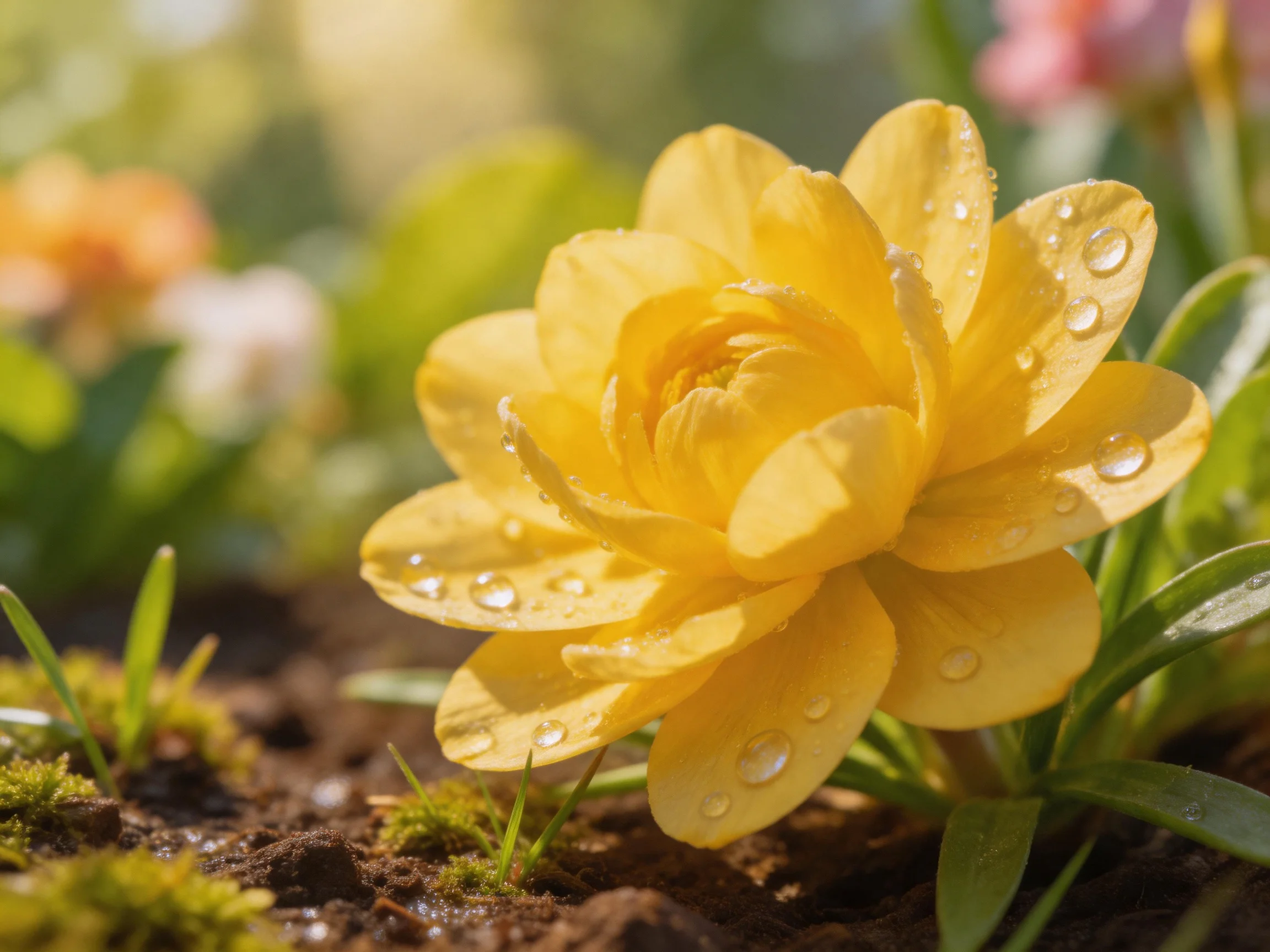 A bright yellow flower with dewdrops in a sunlit garden bed