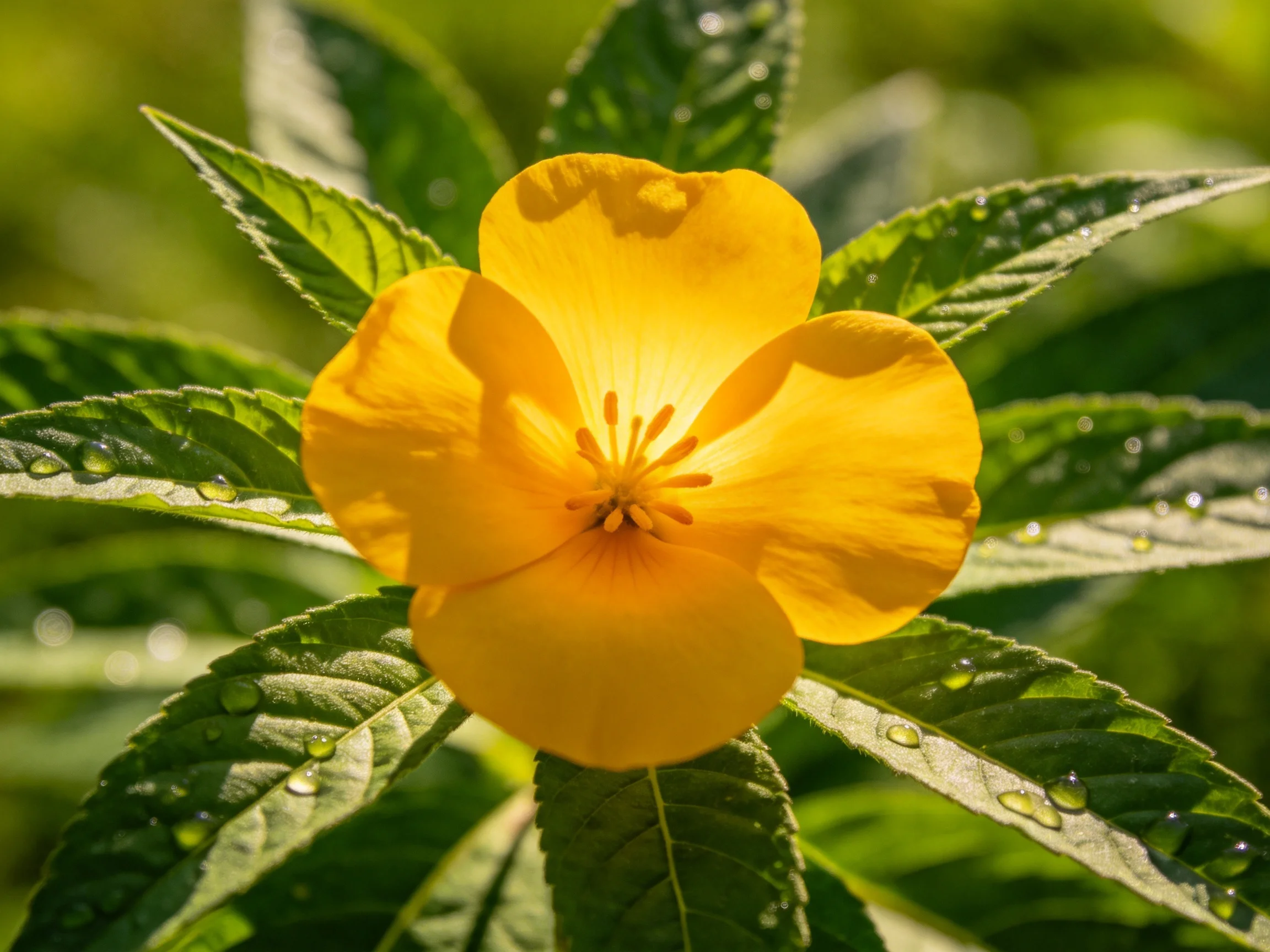 A bright yellow flower with glossy green leaves and water droplets