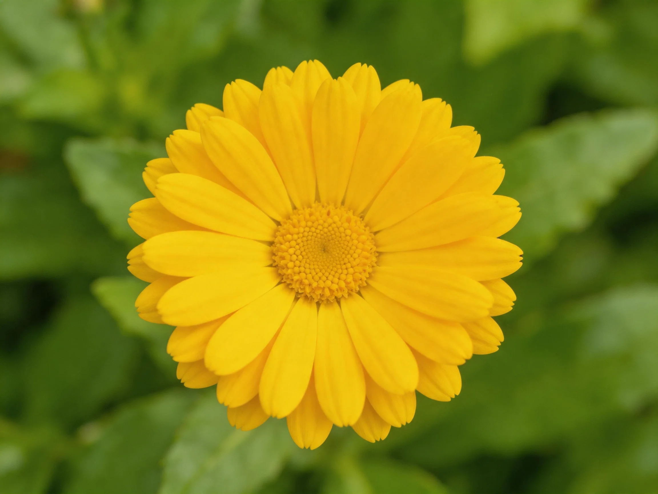 A bright yellow flower with layered petals against green foliage