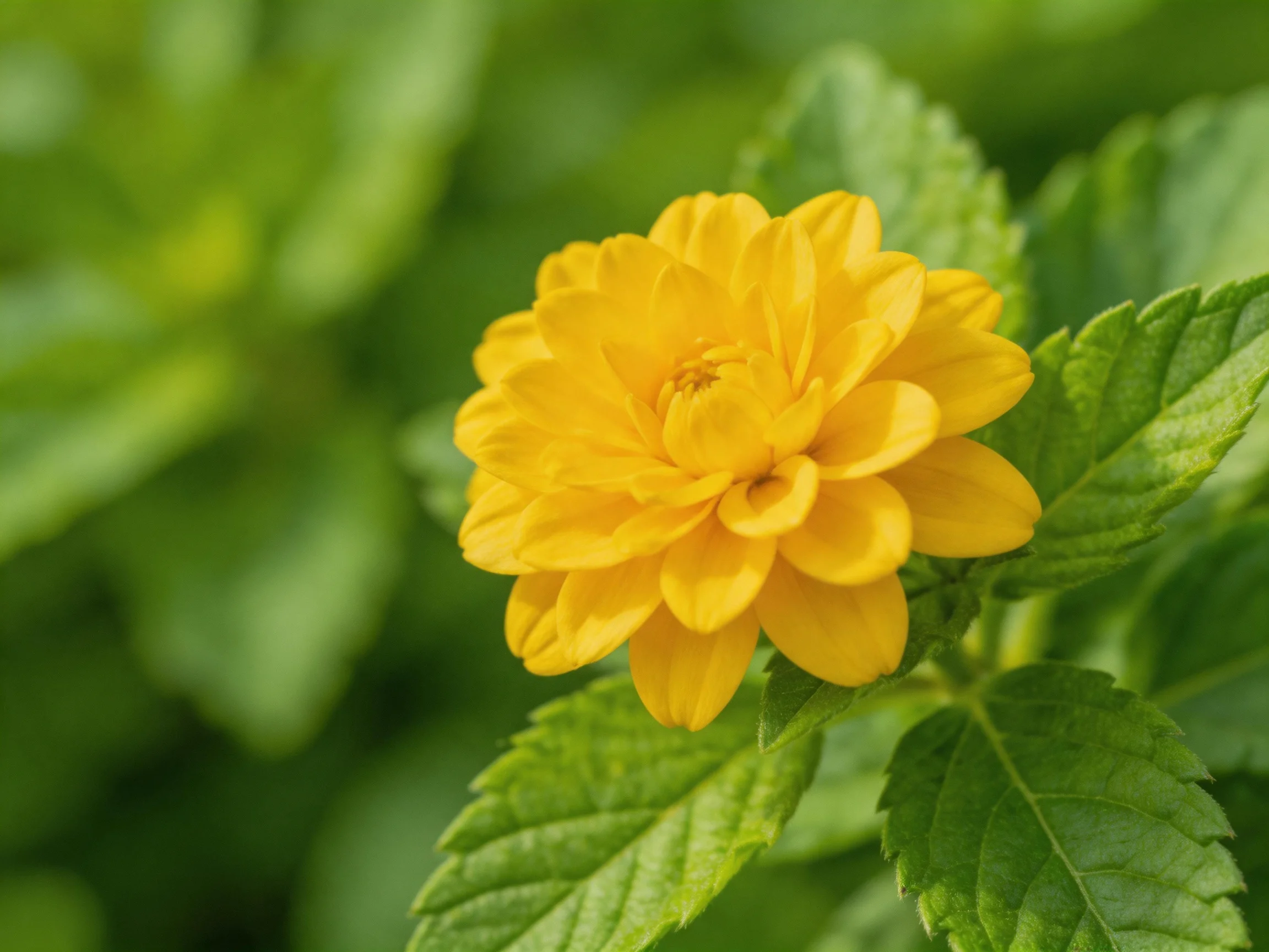 A bright yellow flower with layered petals amid lush greenery