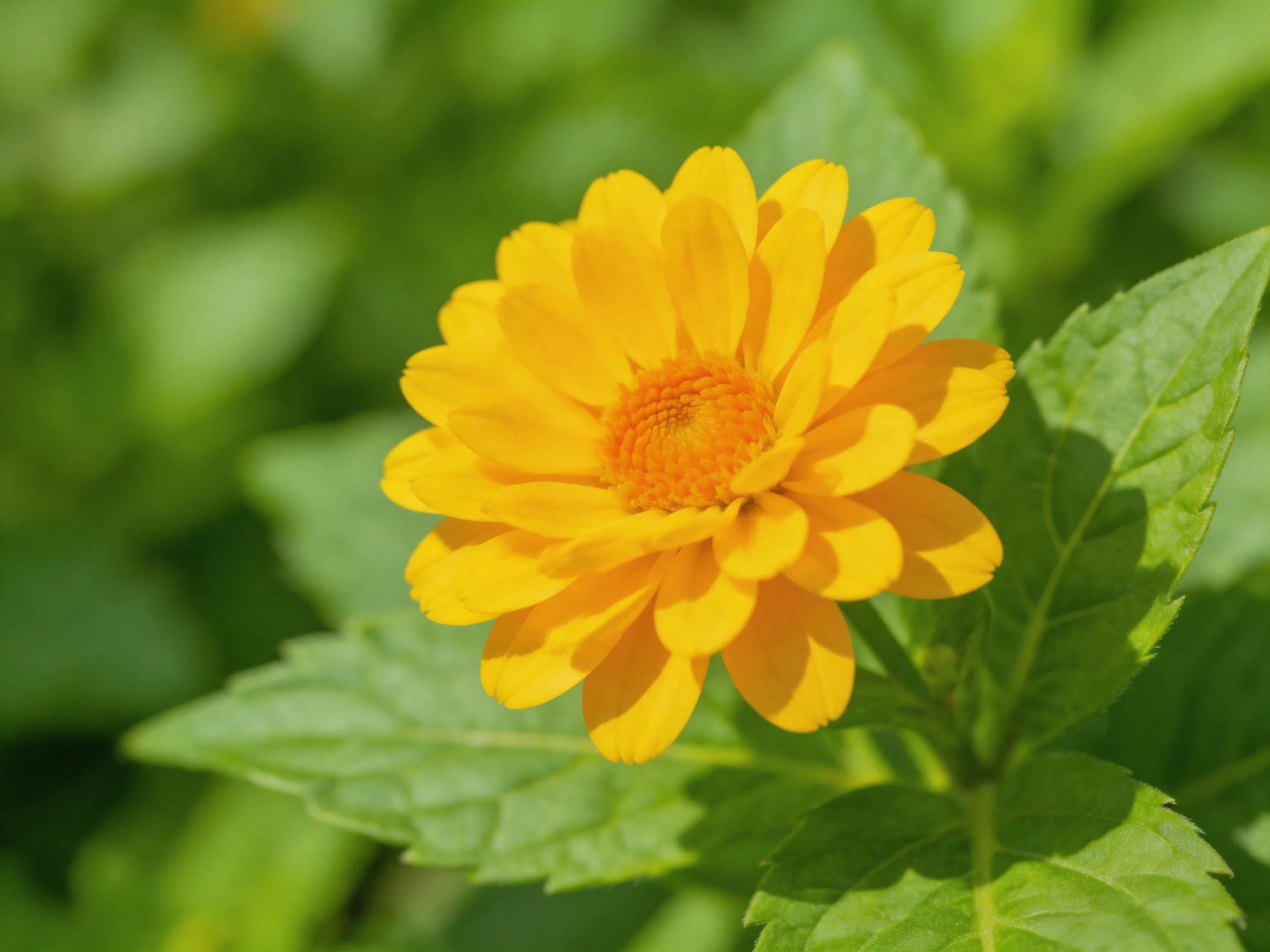 A bright yellow flower with layered petals amidst green foliage