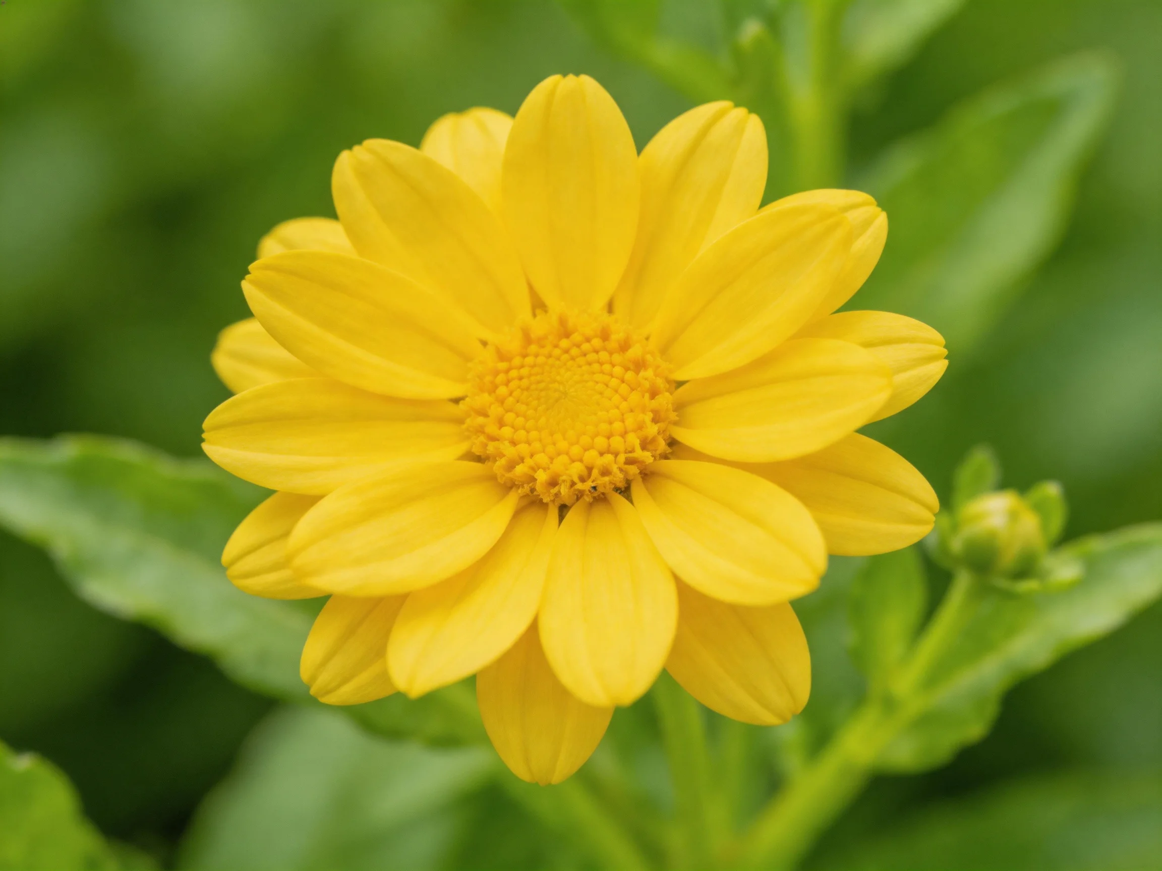 A bright yellow flower with layered petals among green leaves