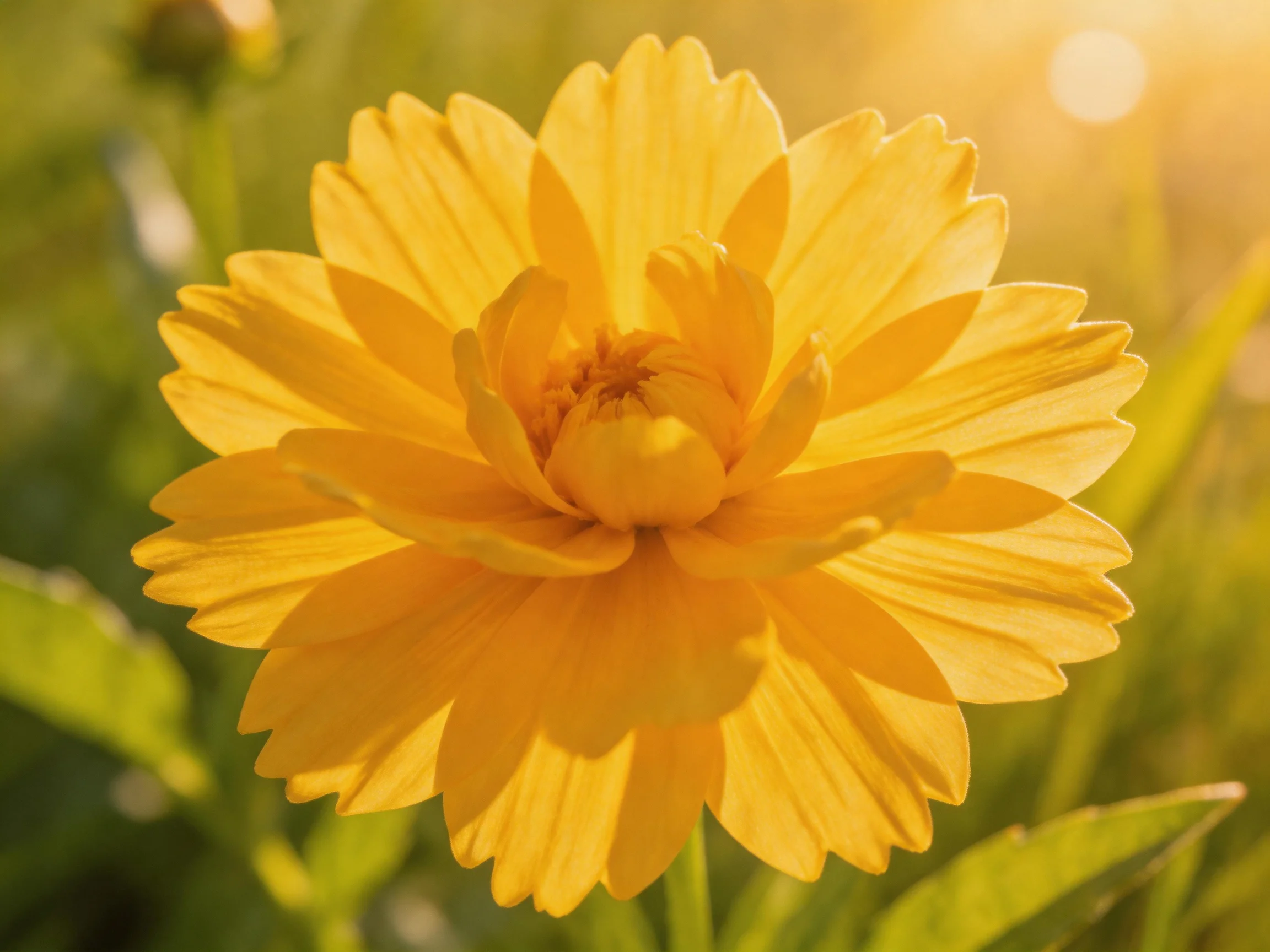 A bright yellow flower with layered petals glows in sunlight