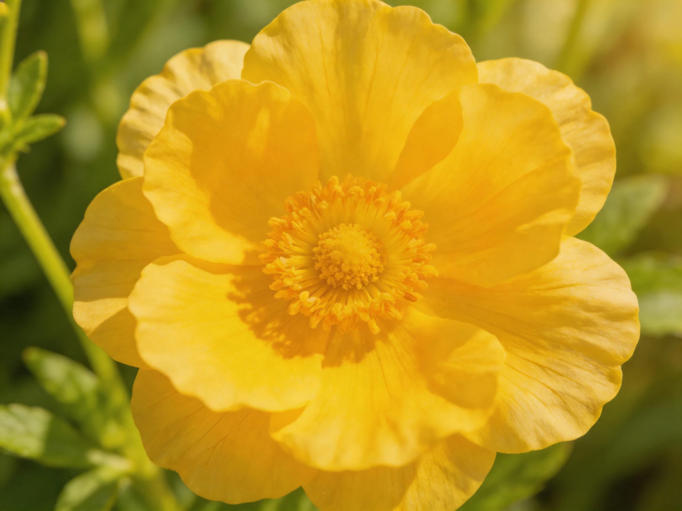 A bright yellow flower with layered petals in natural sunlight