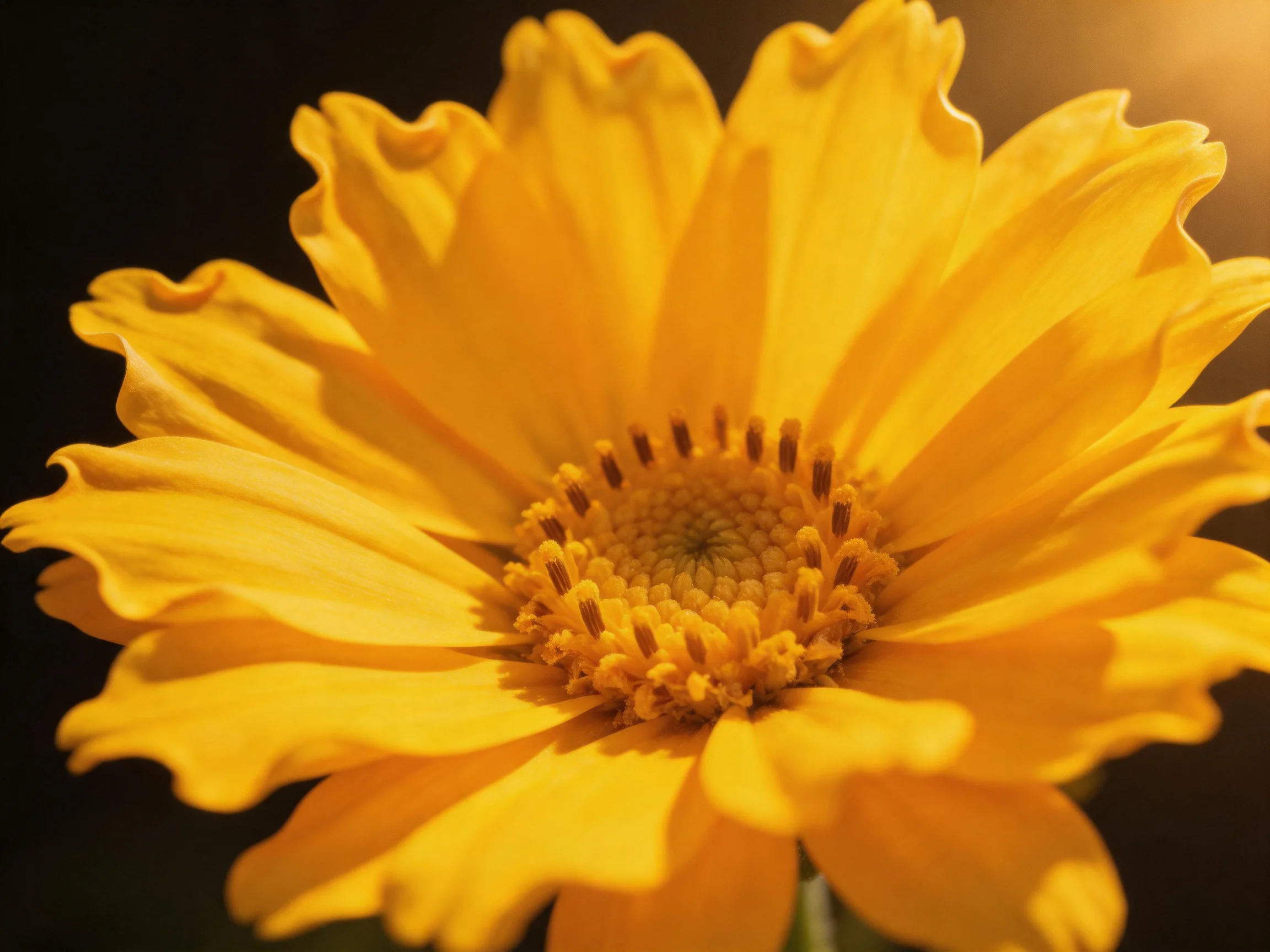 A bright yellow flower with wavy petals and intricate center