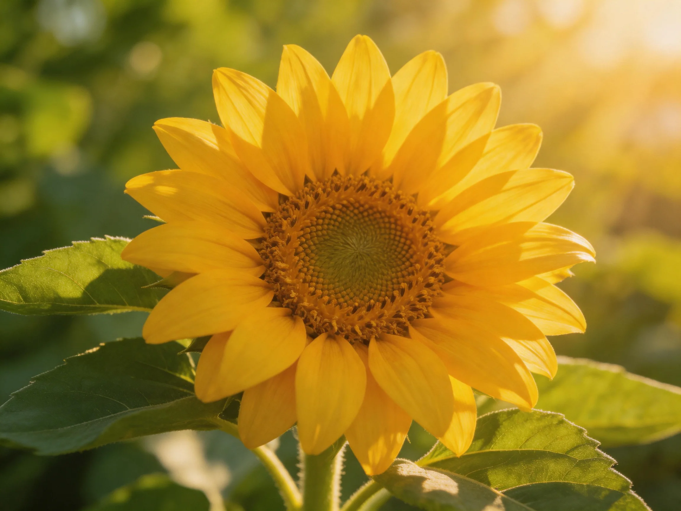 A bright yellow sunflower is surrounded by green leaves in a sunlit outdoor environment.