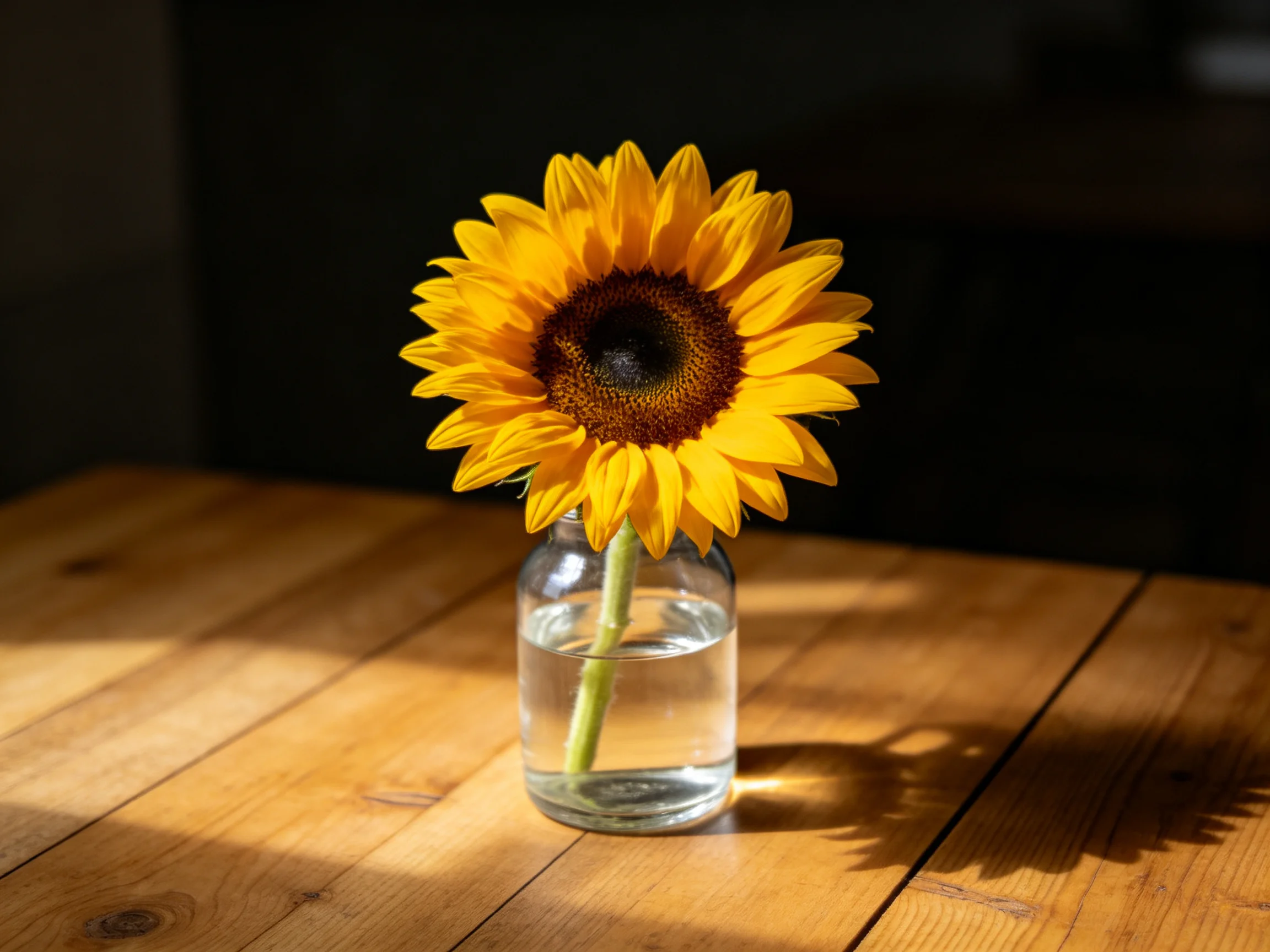A bright yellow sunflower in a glass jar on a wooden table