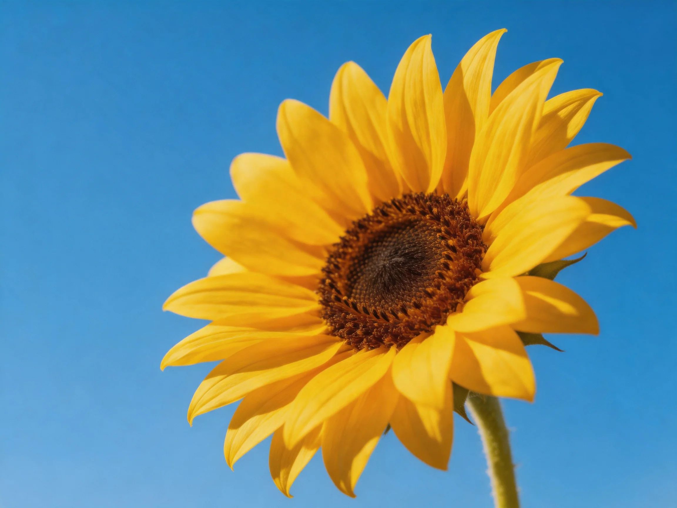 A bright yellow sunflower with a dark brown center against a clear blue sky