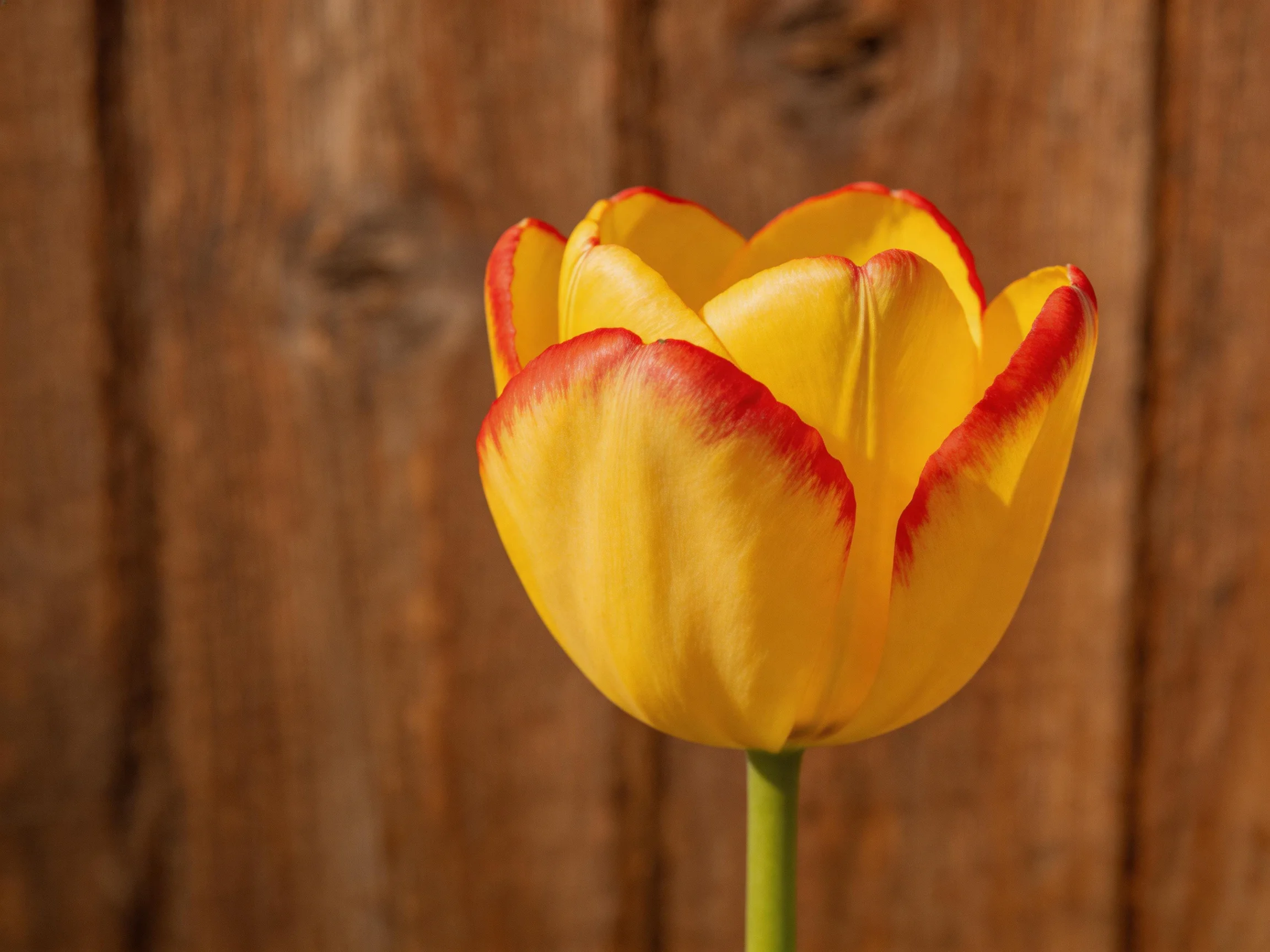 A bright yellow tulip with red-trimmed petals near wooden panels