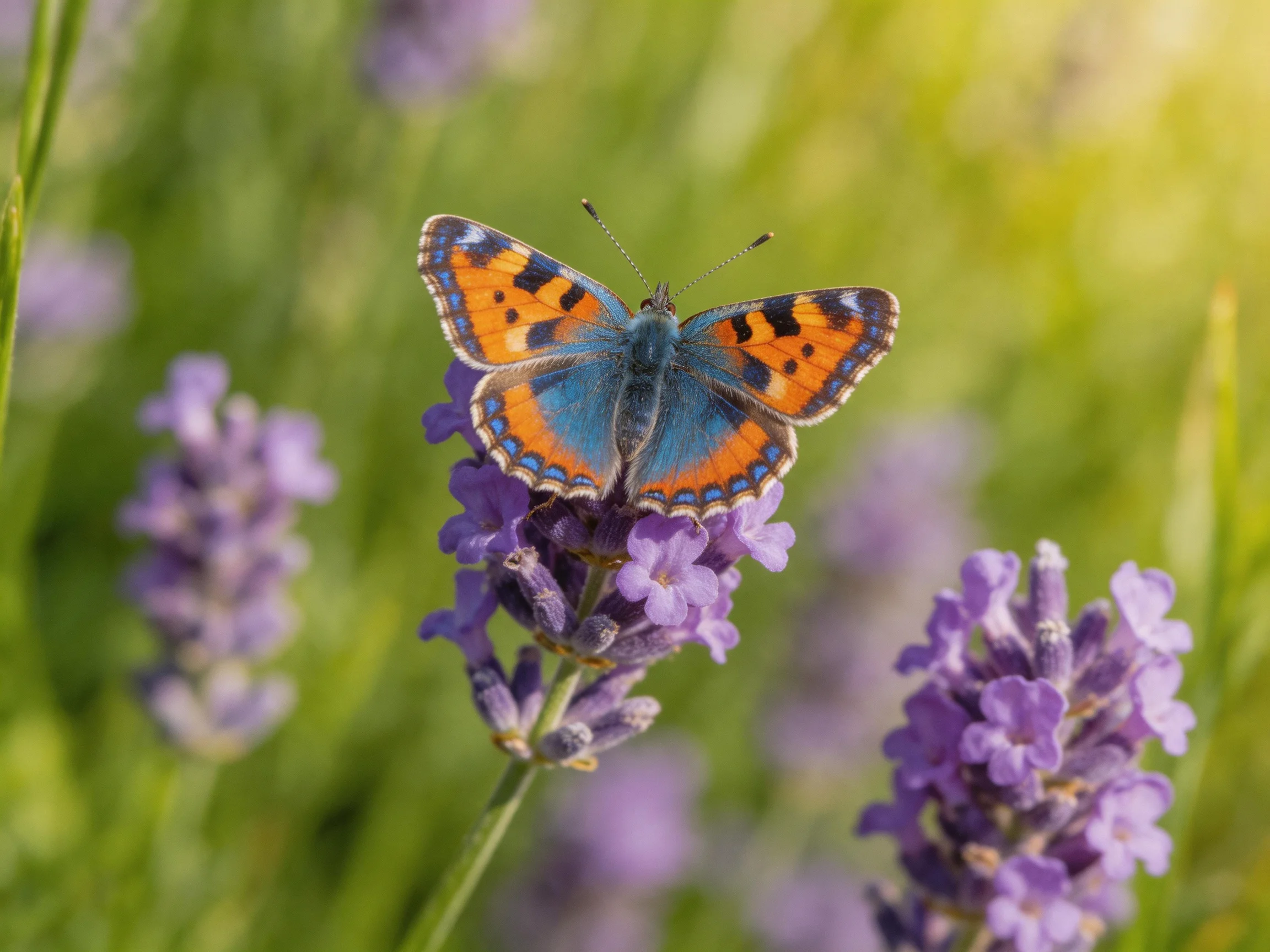 A brightly colored butterfly rests on vibrant purple lavender blooms