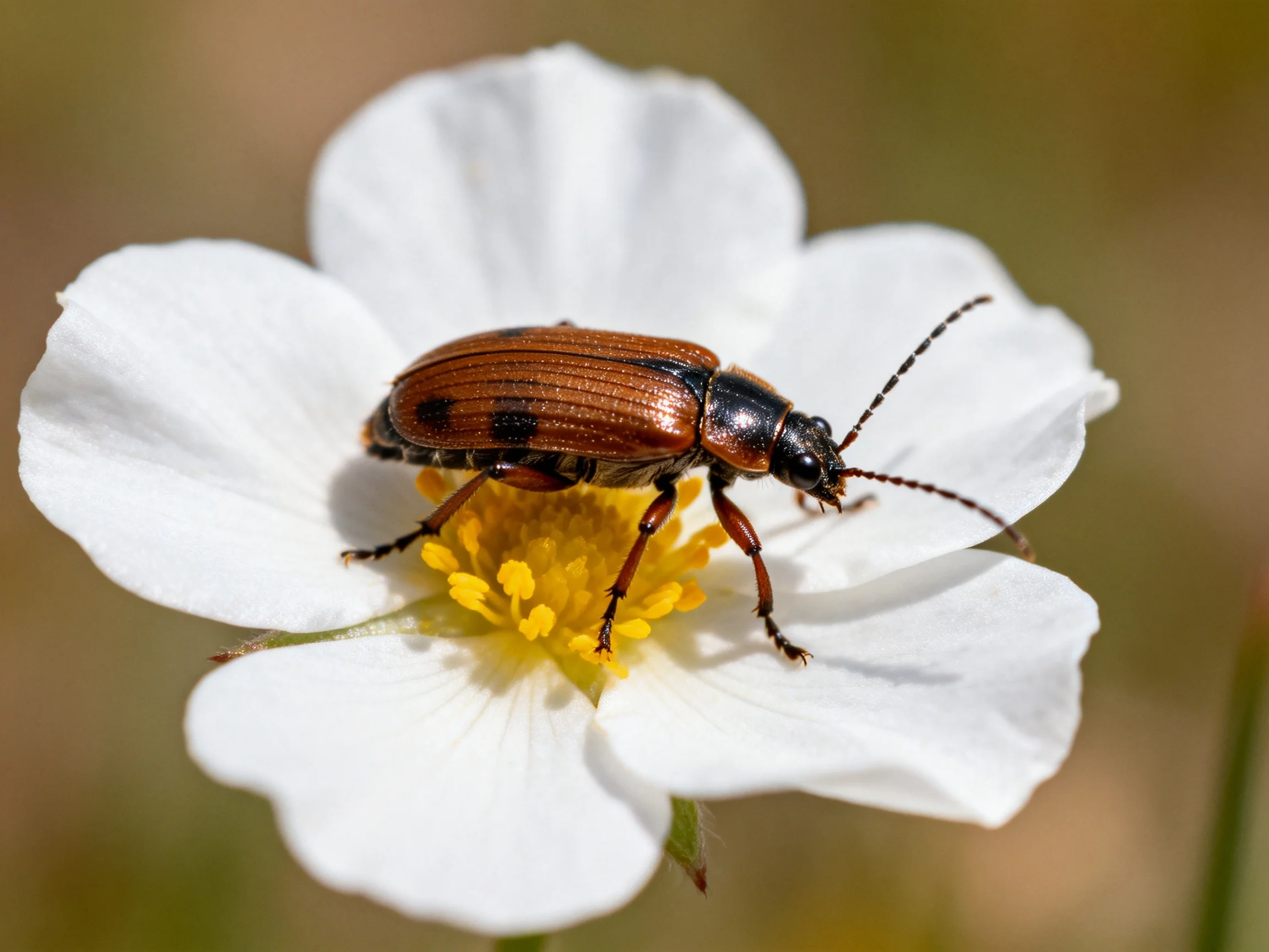A brown and black beetle sits on a white flower with a yellow center