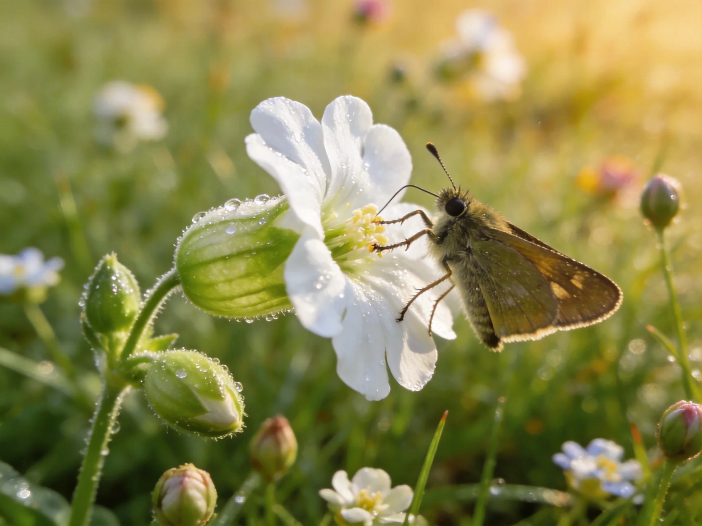 A brown butterfly perched on a dewy white flower amid green buds